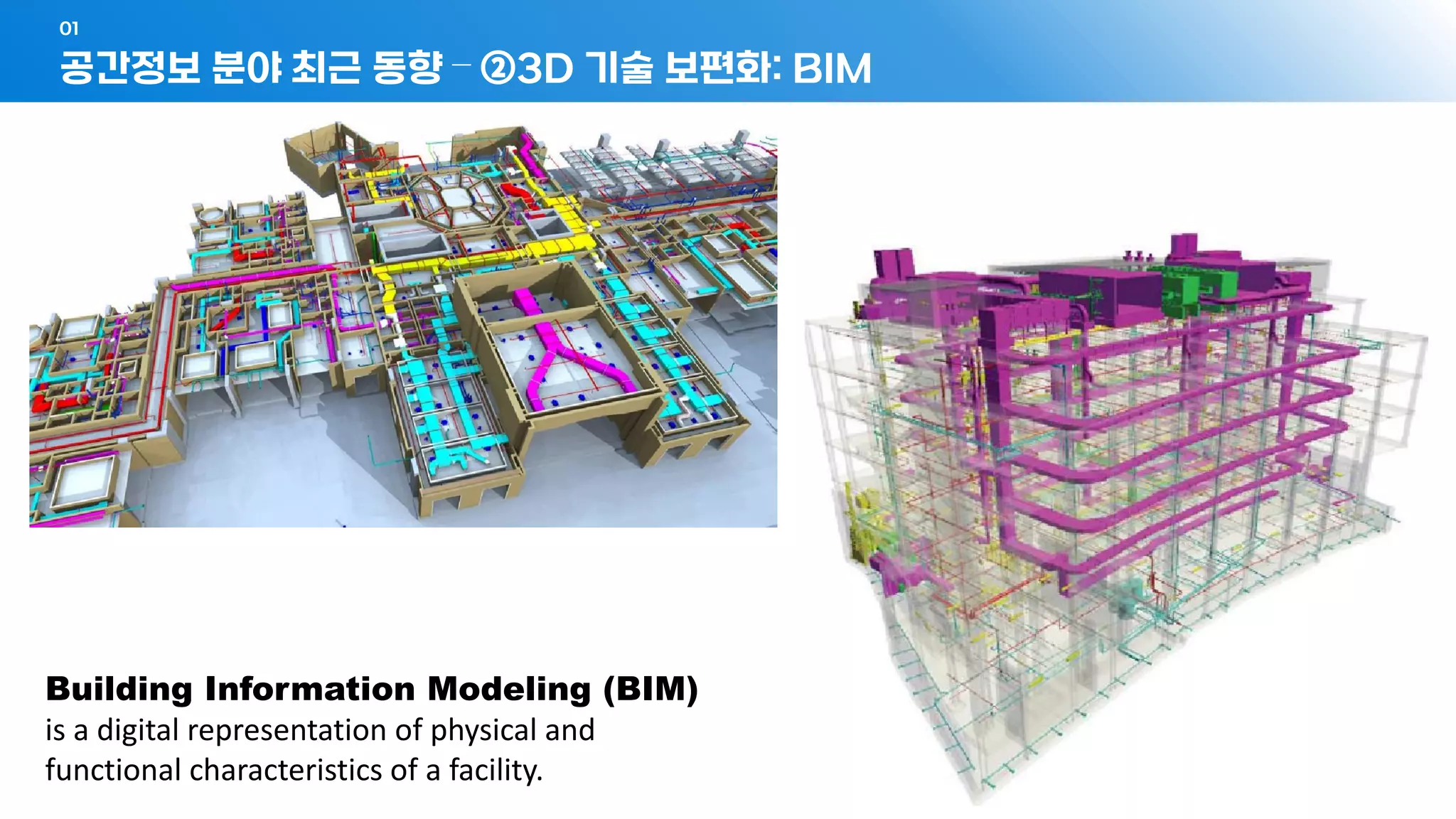 공간정보 분야 최근 동향 – ②3D 기술 보편화: BIM
01
- 23 -
Building Information Modeling (BIM)
is a digital representation of physical and
functional characteristics of a facility.
 