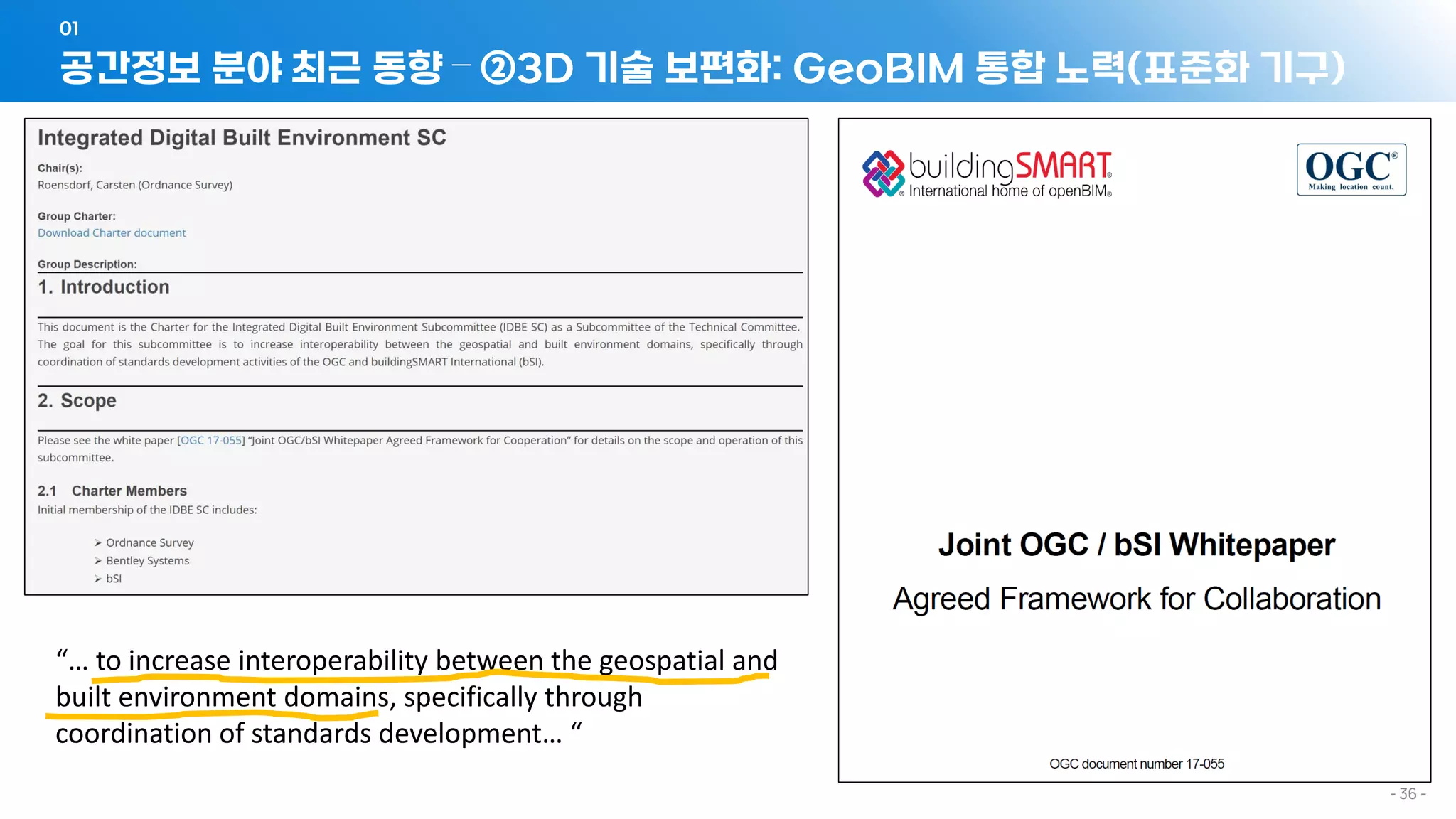 공간정보 분야 최근 동향 – ②3D 기술 보편화: GeoBIM 통합 노력(표준화 기구)
01
- 36 -
“… to increase interoperability between the geospatial and
built environment domains, specifically through
coordination of standards development… “
 