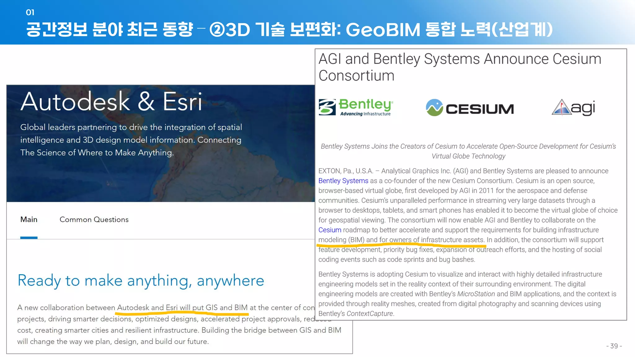 공간정보 분야 최근 동향 – ②3D 기술 보편화: GeoBIM 통합 노력(산업계)
01
- 39 -
 