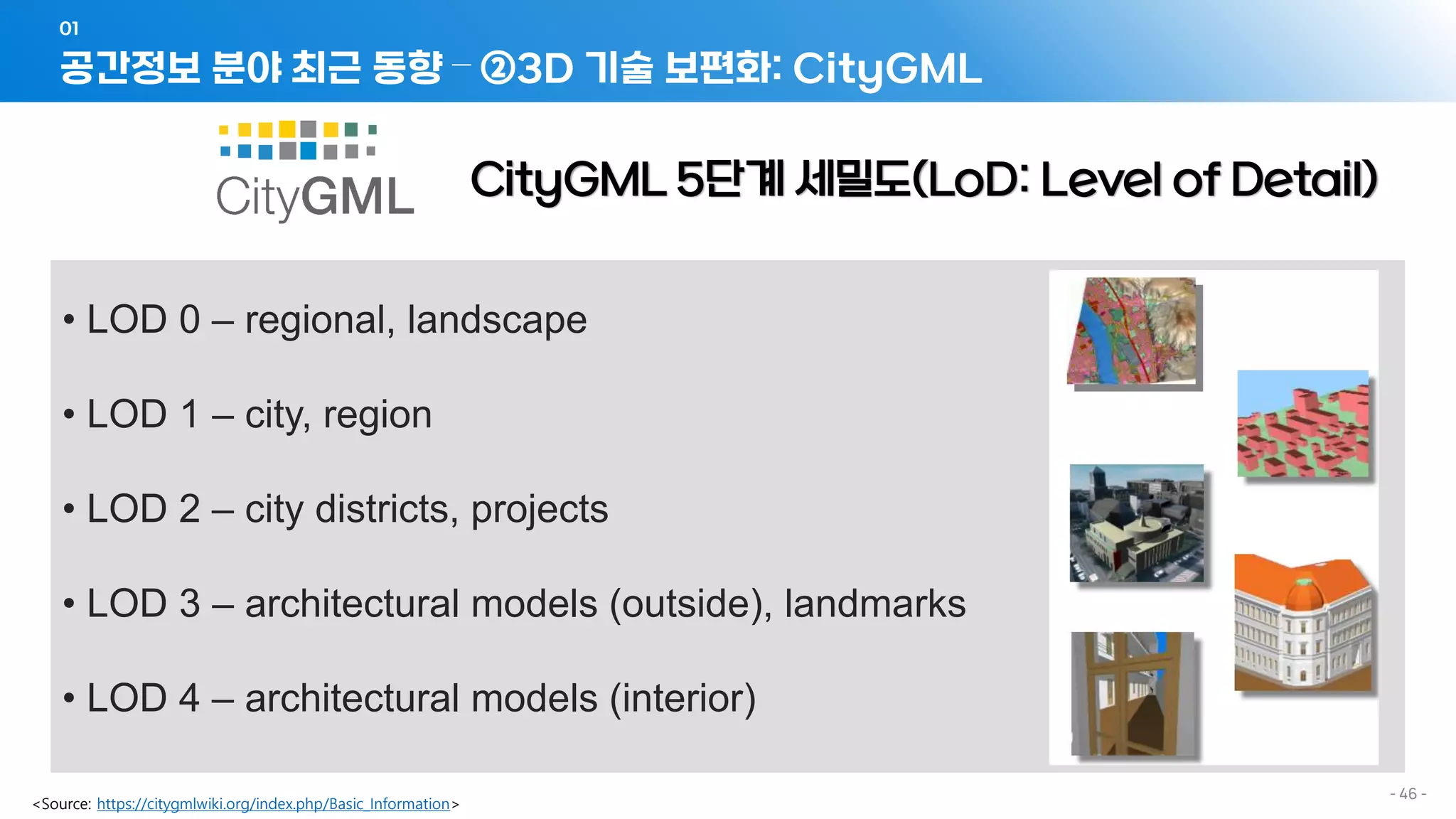 공간정보 분야 최근 동향 – ②3D 기술 보편화: CityGML
01
- 46 -
CityGML 5단계 세밀도(LoD: Level of Detail)
• LOD 0 – regional, landscape
• LOD 1 – city, region
• LOD 2 – city districts, projects
• LOD 3 – architectural models (outside), landmarks
• LOD 4 – architectural models (interior)
<Source: https://citygmlwiki.org/index.php/Basic_Information>
 