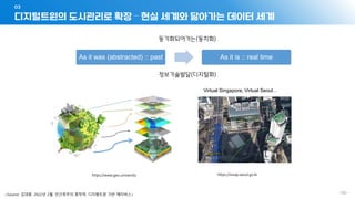 디지털트윈의 도시관리로 확장 – 현실 세계와 닮아가는 데이터 세계
03
- 100 -
As it was (abstracted) :: past As it is :: real time
https://www.geo.university https://smap.seoul.go.kr
Virtual Singapore, Virtual Seoul…
정보기술발달(디지털화)
동기화되어가는(동치화)
<Source: 김대종. 2022년 2월. 인간정주의 종착역, 디지털트윈 기반 메타버스>
 