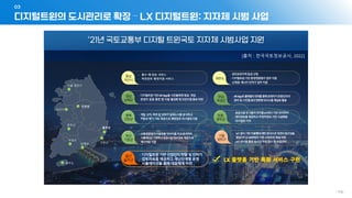 디지털트윈의 도시관리로 확장 – LX 디지털트윈: 지자체 시범 사업
03
- 116 -
제주도
아산시
21년 국토교통부 디지털 트윈국토 지자체 시범사업 지원
울주군
완주군
곡성군
남해군 기장군
진천군
서울 양천구
▪ 홍수 예·경보 서비스
▪ 하천관리 행정지원 서비스
[출처 : 한국국토정보공사, 2022]
 