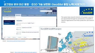 공간정보 분야 최근 동향 – ②3D 기술 보편화: GeoBIM 통합 노력(국제기구)
01
- 38 -
<Source : http://www.eurosdr.net/research/current>
<Source : https://3d.bk.tudelft.nl/projects/eurosdr-geobim/>
The spatial data research interests of European countries
are represented through the membership in EuroSDR of
national organisations from their production and research
sectors.
 
