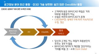 공간정보 분야 최근 동향 – ②3D 기술 보편화: 쉽지 않은 GeoBIM 통합
01
- 44 -
• 고객에게 받은 BIM/CAD 파일은 거의
대부분 최종본이 아님
• 수많은 버전의 BIM/CAD가 존재
• CAD/BIM은 생애주기에 따라 지속적으로
수정, 갱신
BIM/CAD
Format
IFC CityGML
활용
서비스
• 당신의 고객도 어느 파일이 최종본인지
모르는 경우가 많음
• BIM/CAD 데이터가 깨끗할 것(!)이라는
기대를 버릴 것 – 소위 Dark Data!
[데이터 생애주기에 대한 부족한 이해]
 