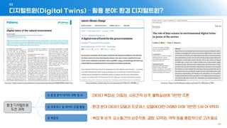 디지털트윈(Digital Twins) – 활용 분야: 환경 디지털트윈?
02
- 93 -
환경 디지털트윈
도전 과제
① 환경 분야 데이터 과학 및 AI
② 프로세스 및 데이터 모델 통합
③ 복잡성
: 데이터 복잡성, 이질성, 시공간적 성격, 불확실성에 기반한 추론
: 환경 분야 데이터 모델과 프로세스 모델에 대한 이해와 이에 기반한 SW 아키텍처
: 복잡계 성격. 요소들간의 상호작용, 결합, 되먹임, 역학 등을 통합적으로 고려 필요
 