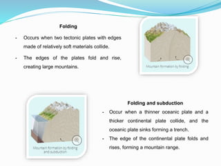 Folding
- Occurs when two tectonic plates with edges
made of relatively soft materials collide.
- The edges of the plates fold and rise,
creating large mountains.
Folding and subduction
- Occur when a thinner oceanic plate and a
thicker continental plate collide, and the
oceanic plate sinks forming a trench.
- The edge of the continental plate folds and
rises, forming a mountain range.
 