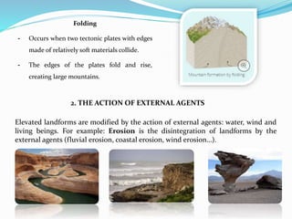 Folding
- Occurs when two tectonic plates with edges
made of relatively soft materials collide.
- The edges of the plates fold and rise,
creating large mountains.
2. THE ACTION OF EXTERNAL AGENTS
Elevated landforms are modified by the action of external agents: water, wind and
living beings. For example: Erosion is the disintegration of landforms by the
external agents (fluvial erosion, coastal erosion, wind erosion…).
 