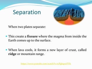 Separation
When two plates separate:
 This create a fissure where the magma from inside the
Earth comes up to the surface.
 When lava cools, it forms a new layer of crust, called
ridge or mountain range.
https://www.youtube.com/watch?v=tcPghqnnTVk
 