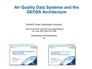 Air Quality Data Systems and the GEOSS Architecture Rudolf B. Husar, Washington University  Given at the OGC Technical Committee Meeting St. Louis, MO, March 24, 2006 Expanding on Presentations  by Doug  Nebert , March 2008, ESIP Web Services.   George  Percivall , February 2008 , ADC-6-Report 