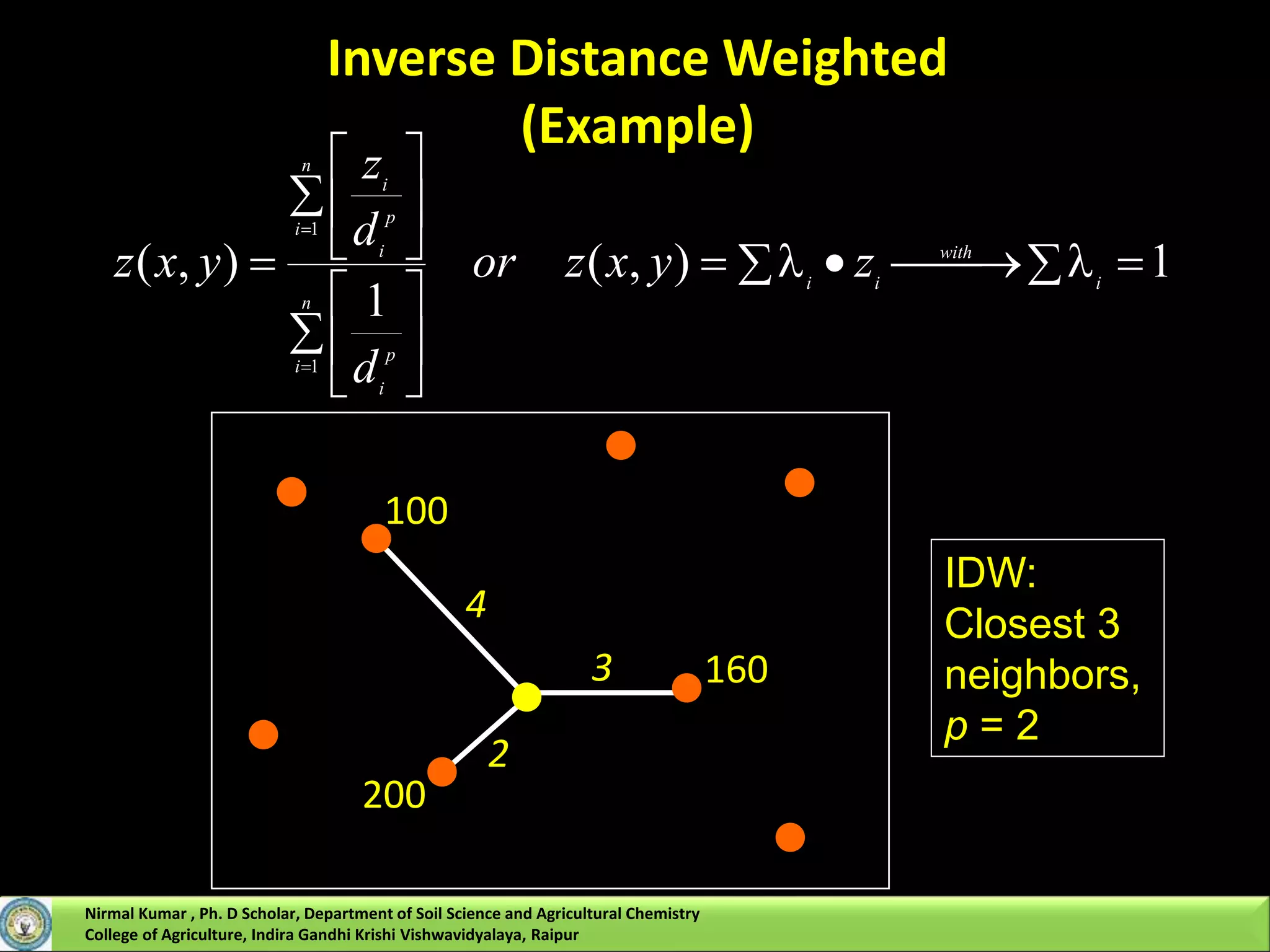 Inverse Distance Weighted
(Example)
4
3
2
100
160
IDW:
Closest 3
neighbors,
p = 2
200
  
 





 








1),(
1
),(
1
1
i
with
ii
n
i
p
i
n
i
p
i
i
zyxzor
d
d
z
yxz
Nirmal Kumar , Ph. D Scholar, Department of Soil Science and Agricultural Chemistry
College of Agriculture, Indira Gandhi Krishi Vishwavidyalaya, Raipur
 