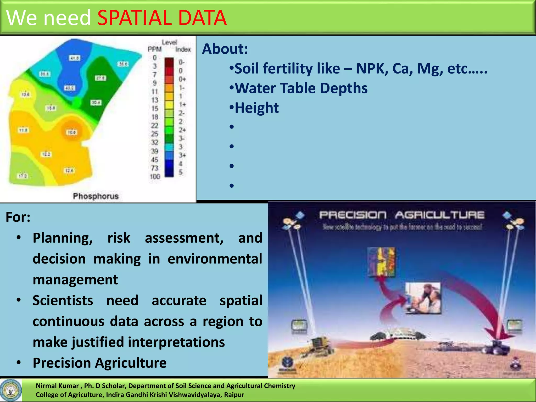 We need SPATIAL DATA
About:
•Soil fertility like – NPK, Ca, Mg, etc…..
•Water Table Depths
•Height
•
•
•
•
For:
• Planning, risk assessment, and
decision making in environmental
management
• Scientists need accurate spatial
continuous data across a region to
make justified interpretations
• Precision Agriculture
Nirmal Kumar , Ph. D Scholar, Department of Soil Science and Agricultural Chemistry
College of Agriculture, Indira Gandhi Krishi Vishwavidyalaya, Raipur
 