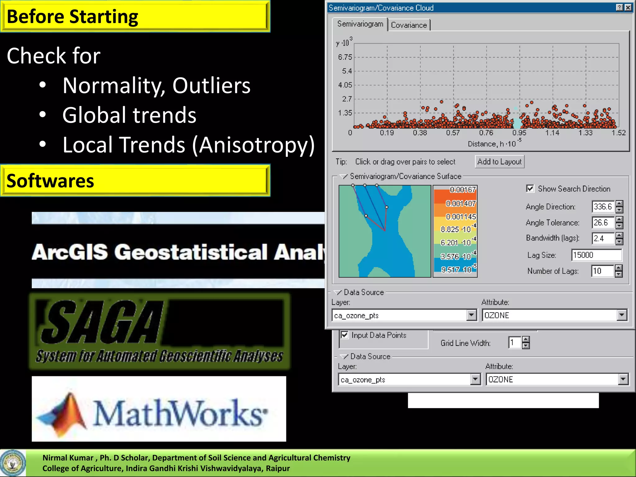 Before Starting
Check for
• Normality, Outliers
• Global trends
• Local Trends (Anisotropy)
Softwares
Nirmal Kumar , Ph. D Scholar, Department of Soil Science and Agricultural Chemistry
College of Agriculture, Indira Gandhi Krishi Vishwavidyalaya, Raipur
 