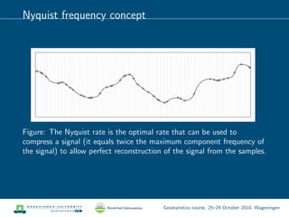 Nyquist frequency concept
q
q
qq
q
qq q
q
q
q
q q
qqq
q
q qq
q
qq q
q
q
q
q
q
qq
q
q
q q
q
q
q q qqq q q
q
q
qq
Figure: The Nyquist rate is the optimal rate that can be used to
compress a signal (it equals twice the maximum component frequency of
the signal) to allow perfect reconstruction of the signal from the samples.
Geostatistics course, 25–29 October 2010, Wageningen
 