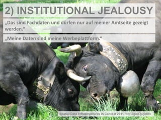 2) INSTITUTIONAL JEALOUSY
„Das sind Fachdaten und dürfen nur auf meiner Amtseite gezeigt
werden.“
„Meine Daten sind meine Werbeplattform.“




                       Spatial Data Infrastructures in Context 2011 http://goo.gl/jbI8n
 