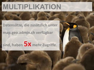 MULTIPLIKATION

Datensätze, die zusätzlich unter
map.geo.admin.ch verfügbar

sind, haben   5x mehr Zugriffe.
 