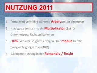 NUTZUNG 2011
1. Portal wird vermehrt während Arbeitszeiten eingesetzt

2. map.geo.admin.ch ist ein Multiplikator (5x) für
   Datennutzung Fachapplikationen

3. 10% (WE 20%) Zugriffe erfolgen über mobile Geräte
   (Vergleich: google maps 40%)

4. Geringere Nutzung in der Romandie / Tessin
 