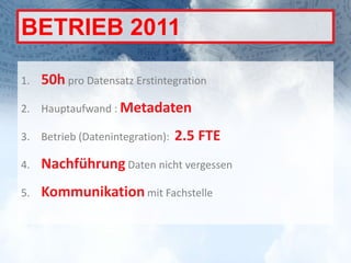 BETRIEB 2011

1.   50h pro Datensatz Erstintegration
2. Hauptaufwand : Metadaten

3. Betrieb (Datenintegration):   2.5 FTE
4.   Nachführung Daten nicht vergessen
5.   Kommunikation mit Fachstelle
 