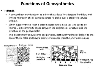 Functions of Geosynthetics
• Filtration
– A geosynthetic may function as a filter that allows for adequate fluid flow with
limited migration of soil particles across its plane over a projected service
lifetime.
– When a geosynthetic filter is placed adjacent to a base soil (the soil to be
filtered), a discontinuity arises between the original soil structure and the
structure of the geosynthetic.
– This discontinuity allows some soil particles, particularly particles closest to the
geosynthetic filter and having diameters smaller than the filter opening size
32
 