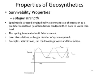 Properties of Geosynthetics
• Survivability Properties
– Fatigue strength
• Specimen is stressed longitudinally at constant rate of extension to a
predetermined load (less then failure load) and then back to lower zero
load.
• This cycling is repeated until failure occurs.
• ower stress failure --- Larger number of cycles required.
• Examples: seismic load, rail road loadings, wave and tidal action.
69
 