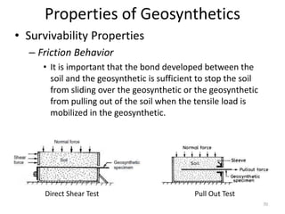 Properties of Geosynthetics
• Survivability Properties
– Friction Behavior
• It is important that the bond developed between the
soil and the geosynthetic is sufficient to stop the soil
from sliding over the geosynthetic or the geosynthetic
from pulling out of the soil when the tensile load is
mobilized in the geosynthetic.
Direct Shear Test Pull Out Test
70
 