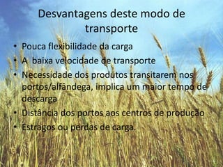 Desvantagens deste modo de transportePouca flexibilidade da cargaA  baixa velocidade de transporteNecessidade dos produtos transitarem nos portos/alfândega, implica um maior tempo de descargaDistância dos portos aos centros de produçãoEstragos ou perdas de carga.