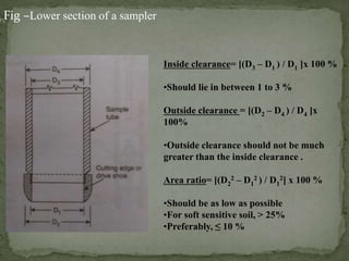Fig –Lower section of a sampler
Inside clearance= [(D3 – D1 ) / D1 ]x 100 %
•Should lie in between 1 to 3 %
Outside clearance = [(D2 – D4 ) / D4 ]x
100%
•Outside clearance should not be much
greater than the inside clearance .
Area ratio= [(D2
2 – D1
2 ) / D1
2] x 100 %
•Should be as low as possible
•For soft sensitive soil, > 25%
•Preferably, ≤ 10 %
 