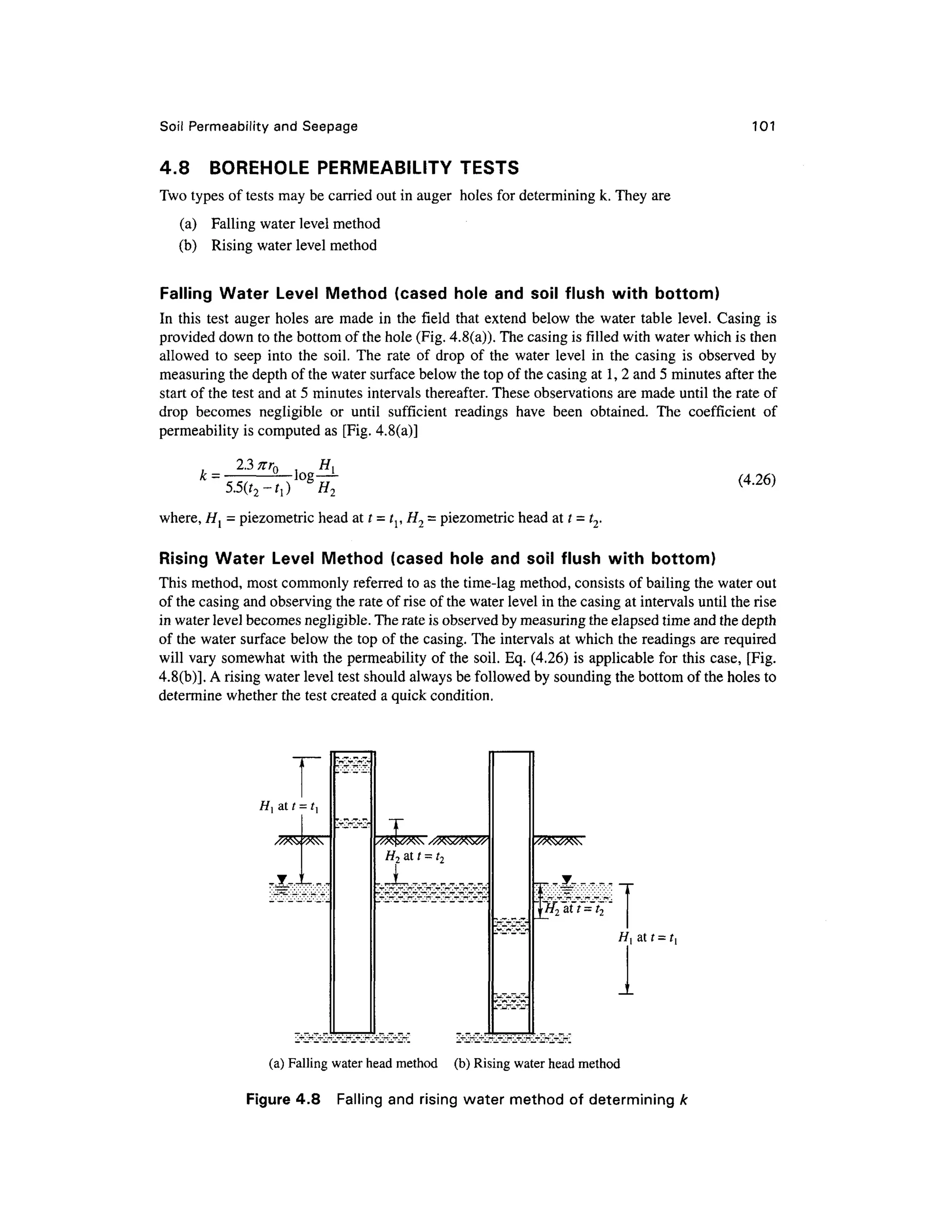 Soil Permeability and Seepag e 101
4.8 BOREHOL E PERMEABILIT Y TEST S
Two types of tests may be carried out in auger hole s for determining k. They are
(a) Fallin g water level method
(b) Risin g water level method
Falling Water Leve l Metho d (case d hol e an d soil flush with bottom )
In thi s test auge r holes ar e made in the field that extend belo w th e water tabl e level . Casing is
provided down to the bottom of the hole (Fig. 4.8(a)). The casing is filled with water which is then
allowed t o see p int o the soil . The rat e o f dro p o f the wate r level i n th e casin g i s observe d b y
measuring the depth of the water surface below the top of the casing at 1, 2 and 5 minutes after the
start of the test and at 5 minutes intervals thereafter. These observations are made until the rate of
drop become s negligibl e o r unti l sufficien t reading s hav e bee n obtained . Th e coefficien t o f
permeability is computed as [Fig. 4.8(a)]
2-3 nrQ H {
k = —log— -
-f,) ff ,
(4.26)
where, H{ = piezometric head ait = tl,H2 = piezometric head at t - t 2-
Rising Wate r Leve l Metho d (case d hol e an d soil flus h with bottom )
This method, most commonly referred to as the time-lag method, consists of bailing the water out
of the casing and observing the rate of rise of the water level in the casing at intervals until the rise
in water level becomes negligible. The rate is observed by measuring the elapsed time and the depth
of the water surface below the top of the casing. The intervals at which the readings are required
will vary somewhat with the permeability of the soil. Eq. (4.26) is applicable fo r this case, [Fig
.
4.8(b)]. A rising water level test should always be followed by sounding the bottom of the holes to
determine whether the test created a quick condition.
HI a t t =
H a t t = t
(a) Falling water head method (b ) Rising water head method
Figure 4.8 Fallin g and rising water method of determining k
 