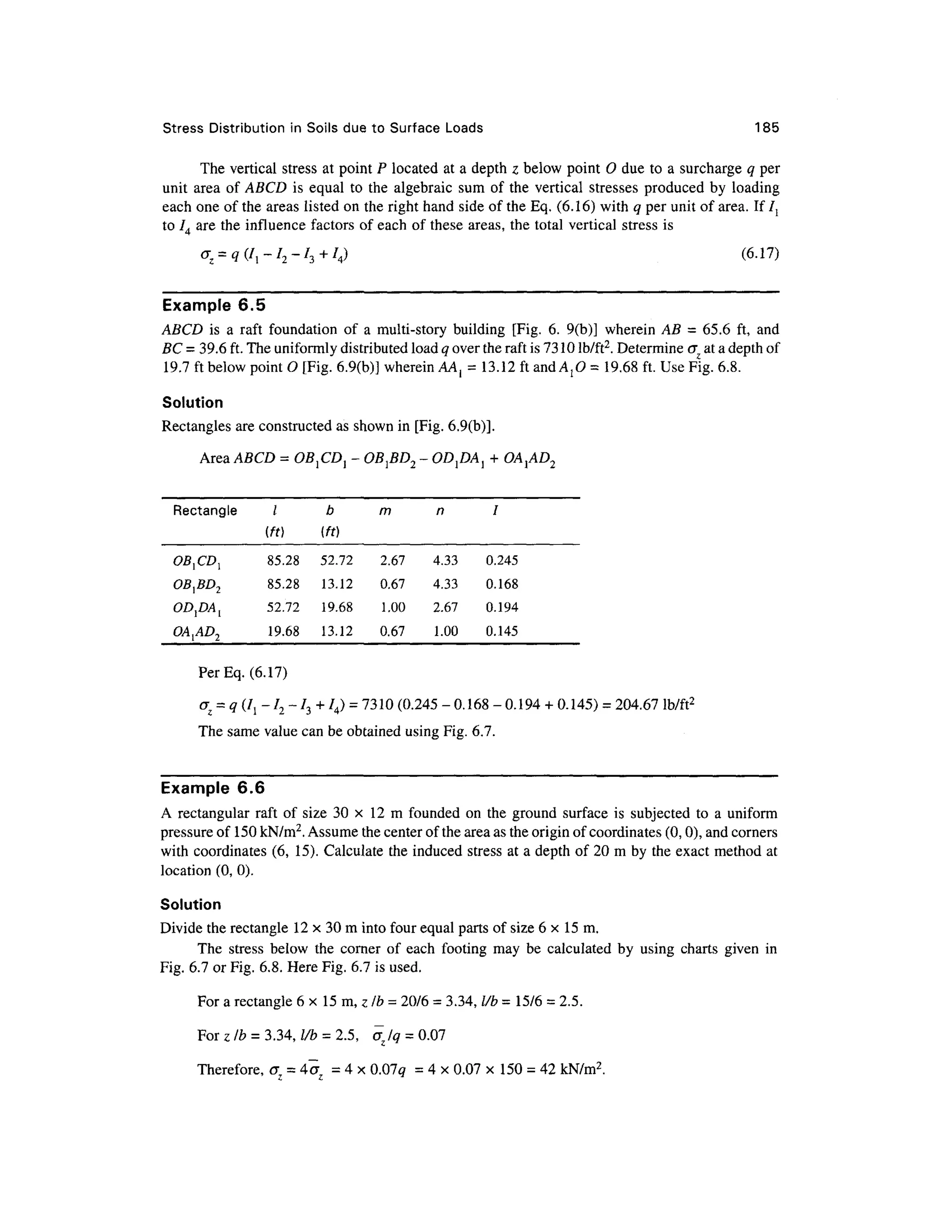 Stress Distribution in Soils due to Surfac e Load s 18 5
The vertical stress a t point P located a t a depth z below poin t 0 du e to a surcharge q per
unit are a o f ABCD i s equa l t o the algebrai c su m o f the vertica l stresse s produce d b y loadin g
each one of the areas liste d on the right hand side of the Eq. (6.16) with q per unit of area. If /j
to /4 are the influence factors of each of these areas, th e total vertica l stres s is
(6.17)
Example 6. 5
ABCD i s a raf t foundatio n o f a multi-stor y building [Fig . 6 . 9(b) ] wherei n AB = 65.6 ft , an d
BC = 39.6 ft. The uniformly distributed load q over the raft is 73 10 lb/ft2
. Determine crz at a depth of
19.7 ft below point O [Fig. 6.9(b)] wherein AA, = 13.12 ft and A,0 = 19.68 ft. Use Fig. 6.8 .
Solution
Rectangles are constructed as shown in [Fig. 6.9(b)].
Area ABCD = OB}CDl - OB }BD2 - OD 1DA1 + OA1AD2
Rectangle
OB1CD1
OB1BD2
OD1DA1
OA{AD2
I
(ft)
85.28
85.28
52.72
19.68
b
(ft)
52.72
13.12
19.68
13.12
m
2.67
0.67
1.00
0.67
n
4.33
4.33
2.67
1.00
7
0.245
0.168
0.194
0.145
Per Eq. (6.17)
oz = q (/! - /2 - /3 + /4) =7310 (0.24 5 - 0.168 - 0.194 + 0.145) = 204.67 lb/ft2
The same value can be obtained using Fig. 6.7 .
Example 6. 6
A rectangula r raf t o f siz e 3 0 x 1 2 m founde d on th e groun d surface i s subjecte d t o a uniform
pressure of 150 kN/m2
. Assume the center of the area as the origin of coordinates (0,0), and corners
with coordinates (6 , 15) . Calculate the induced stress a t a depth of 20 m by the exact method at
location (0, 0).
Solution
Divide the rectangle 1 2 x 30 m into four equal parts of size 6 x 15m.
The stres s belo w th e corne r o f eac h footin g ma y b e calculate d b y usin g chart s give n in
Fig. 6.7 or Fig. 6.8. Here Fig. 6.7 is used.
For a rectangle 6 x 1 5 m, z Ib = 20/6 = 3.34, l/b = 15/6 = 2.5.
For z/b = 3.34, l/b = 2.5,< r Iq = 0.07
Therefore, o ; = 4cr = 4 x 0.01 q= 4 x 0.07 x 15 0 =42 kN/m2
.
 