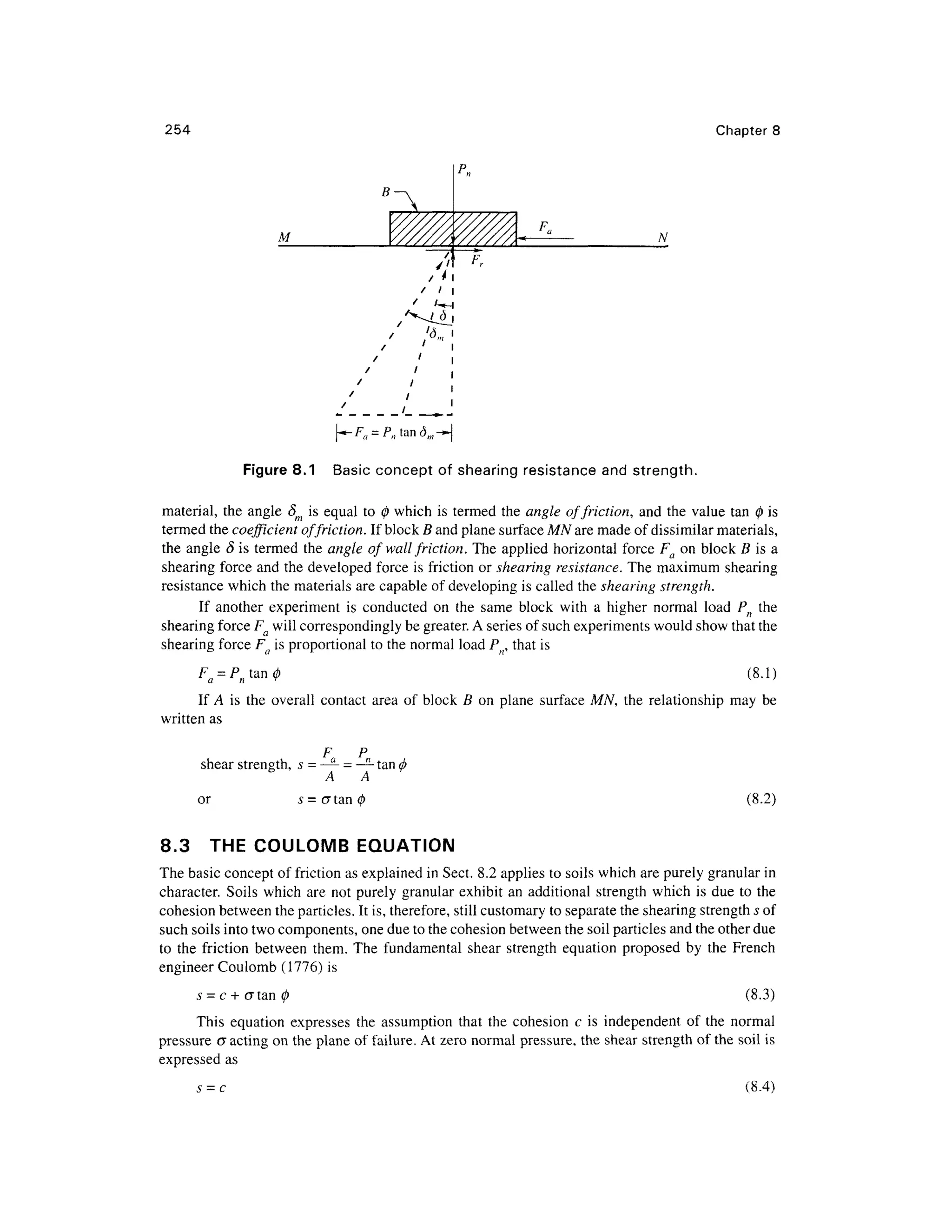 254 Chapter 8
M N
Figure 8.1 Basi c concept o f shearin g resistanc e and strength.
material, th e angl e 8 m is equal t o(ft whic h is termed th e angle o f friction, an d th e valu e tan 0 is
termed th e coefficient of friction. If block B and plane surface MN ar e made of dissimilar materials,
the angle 8 is termed th e angle o f wall friction. Th e applie d horizonta l force F a o n block B is a
shearing force an d the developed forc e is friction o r shearing resistance. The maximum shearing
resistance whic h the materials are capable of developing i s called the shearing strength.
If anothe r experimen t i s conducte d o n th e sam e bloc k wit h a highe r normal loa d P n th e
shearing force Fa will correspondingly be greater. A series of such experiments would show that the
shearing force F a is proportional t o the normal load Pn, that is
F = P ta n (8.1)
If A i s th e overal l contac t are a o f bloc k B o n plan e surfac e M/V , th e relationshi p ma y b e
written as
F P
shear strength, s = —- = —- tan,
A A
or s = a tan (8.2)
8.3 TH E COULOMB EQUATIO N
The basic concept o f friction a s explained in Sect. 8.2 applies to soils which are purely granular in
character. Soil s whic h are no t purely granular exhibit an additional strengt h which i s due t o the
cohesion between the particles. It is, therefore, still customary to separate the shearing strength s of
such soils into two components, one due to the cohesion between the soil particles and the other due
to th e frictio n betwee n them . The fundamenta l shea r strengt h equation propose d b y th e Frenc h
engineer Coulom b (1776 ) is
s = c + (J ta n (8.3)
This equatio n expresse s th e assumptio n that th e cohesio n c i s independen t o f th e norma l
pressure cr acting o n the plane of failure. At zero normal pressure , th e shear strengt h o f the soil is
expressed a s
s = c (8.4)
 