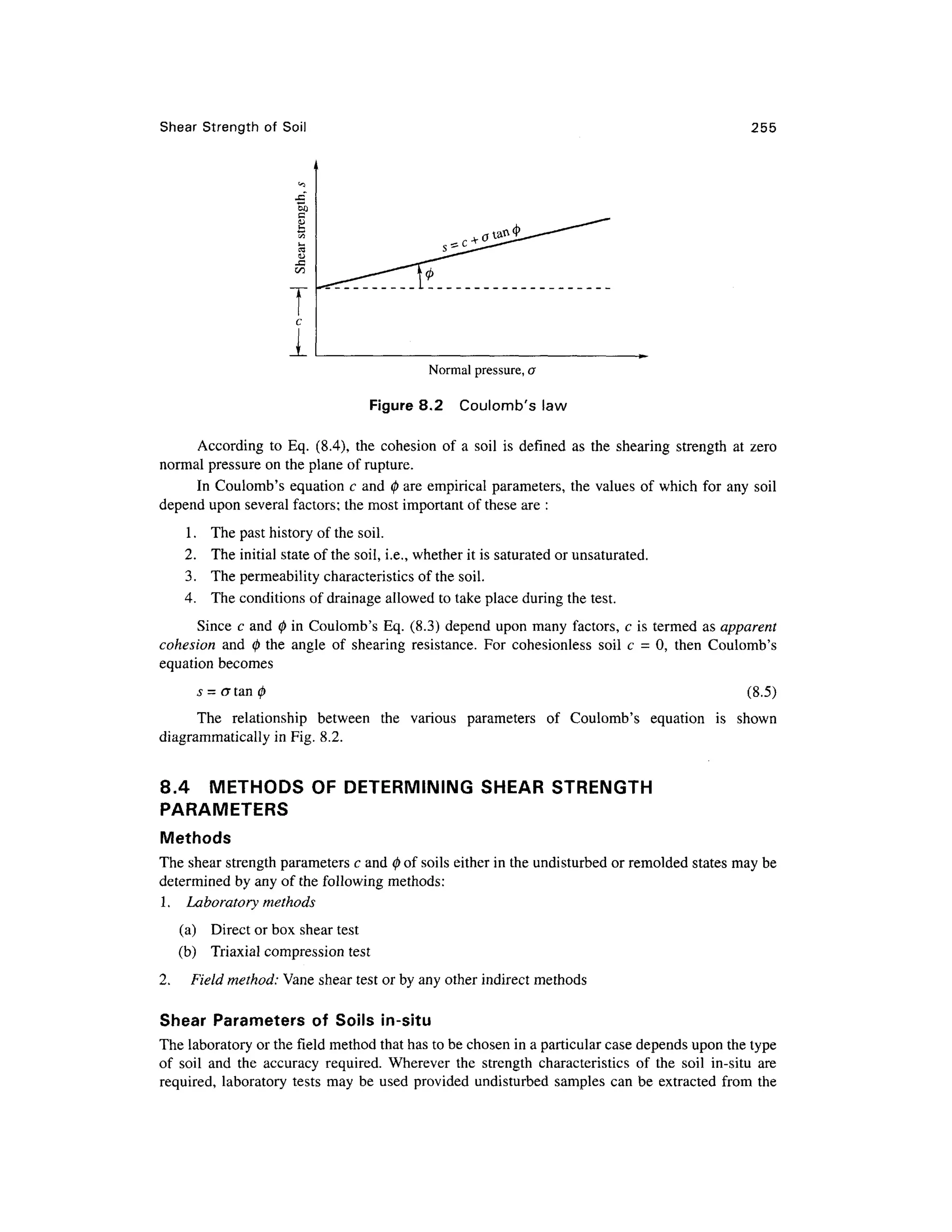 Shear Strengt h of Soi l 255
c
1
Normal pressure, a
Figure 8.2 Coulomb' s law
According t o Eq . (8.4) , th e cohesio n o f a soi l i s defined as th e shearin g strengt h a t zer o
normal pressure on the plane of rupture.
In Coulomb's equatio n c and 0 are empirical parameters , th e values of which for any soil
depend upon several factors; the most important of these are :
1. Th e past history of the soil.
2. Th e initial state of the soil, i.e., whether it is saturated or unsaturated.
3. Th e permeability characteristics of the soil.
4. Th e conditions of drainage allowed to take place during the test.
Since c and 0 in Coulomb's Eq . (8.3) depend upo n many factors, c is termed a s apparent
cohesion an d 0 the angl e o f shearin g resistance . Fo r cohesionles s soi l c = 0, the n Coulomb' s
equation become s
s = a tan (8.5)
The relationshi p betwee n th e variou s parameter s o f Coulomb' s equatio n i s show n
diagrammatically in Fig. 8.2 .
8.4 METHOD S O F DETERMINING SHEA R STRENGT H
PARAMETERS
Methods
The shear strength parameters c and 0 of soils either in the undisturbed or remolded state s may be
determined by any of the following methods:
1. Laboratory methods
(a) Direc t or box shear test
(b) Triaxia l compression tes t
2. Field method: Van e shear test or by any other indirect methods
Shear Parameter s o f Soil s in-sit u
The laboratory or the field method that has to be chosen in a particular case depends upon the type
of soi l an d th e accurac y required . Whereve r th e strengt h characteristic s o f th e soi l in-sit u are
required, laborator y test s ma y be use d provide d undisturbe d samples ca n be extracte d fro m th e
 