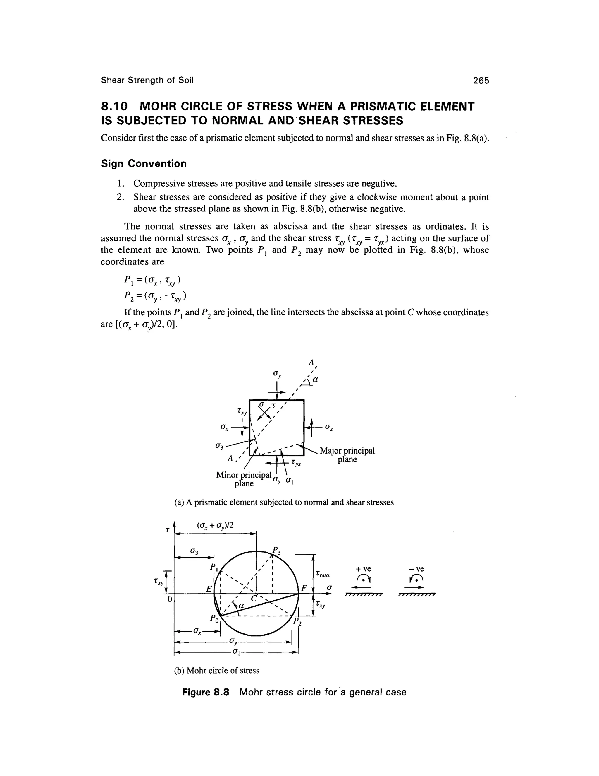 Shear Strengt h of Soi l 265
8.10 MOH R CIRCL E O F STRESS WHE N A PRISMATI C ELEMEN T
IS SUBJECTED TO NORMA L AND SHEA R STRESSE S
Consider first the case of a prismatic element subjected to normal and shear stresses as in Fig. 8.8(a).
Sign Conventio n
1. Compressiv e stresses are positive and tensile stresses are negative.
2. Shea r stresses are considered a s positive if they give a clockwise moment about a point
above the stressed plane as shown in Fig. 8.8(b), otherwise negative.
The norma l stresse s ar e take n a s absciss a an d th e shea r stresse s a s ordinates . I t i s
assumed the norma l stresses c r , cr an d the shear stress r ( T = T ) acting o n the surface of
x y xy xy yx
the elemen t ar e known . Tw o point s P l an d P 2 ma y no w b e plotte d i n Fig . 8.8(b) , whos e
coordinates are
If the points P} and P2 are joined, the line intersects the abscissa at point C whose coordinates
are [(0,+op/2,0].
Minor principal
> a
i
plane
(a) A prismatic element subjected to normal and shear stresses
(ax + ay)/2
+ ve
(b) Mohr circle of stress
Figure 8.8 Moh r stres s circl e for a general case
 