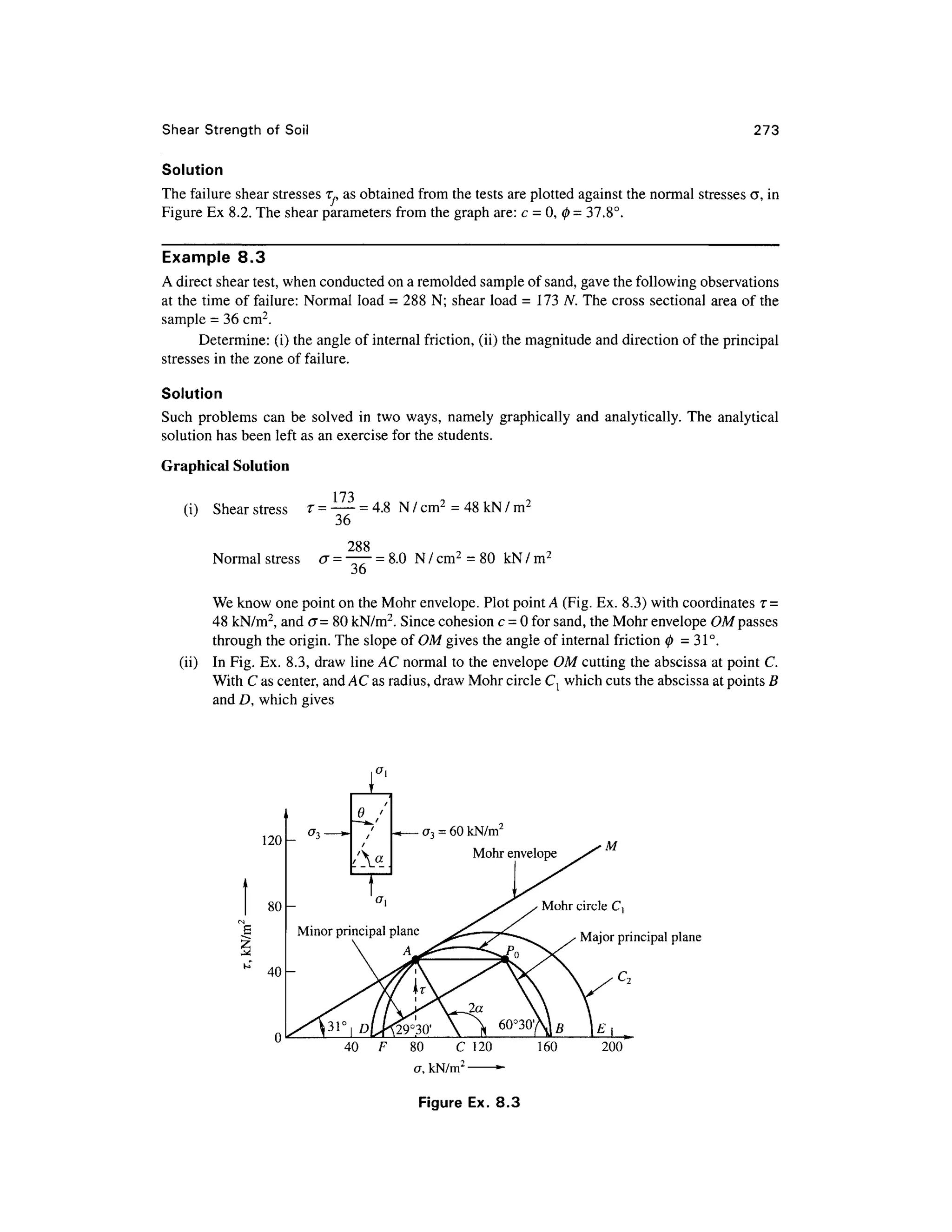Shear Strengt h of Soi l
Solution
273
The failure shear stresses r^ as obtained from the tests are plotted against the normal stresses a, in
Figure Ex 8.2. The shear parameters from th e graph are: c= 0, 0 = 37.8°.
Example 8. 3
A direct shear test, when conducted on a remolded sample of sand, gave the following observations
at the time of failure: Norma l loa d = 288 N; shear load = 17 3 N. The cross sectiona l are a o f the
sample = 36 cm2
.
Determine: (i) the angle of internal friction, (ii) the magnitude and direction of the principal
stresses in the zone of failure.
Solution
Such problem s ca n be solve d i n tw o ways, namel y graphicall y an d analytically . The analytica l
solution has been lef t as an exercise fo r the students.
Graphical Solutio n
173
(i) Shea r stress T =
= 4.8 N/cm 2
= 48 kN/m2
36
288
Normal stress a =—= 8.0 N / cm2
= 80 k N / m2
36
We know one point on the Mohr envelope. Plot point A (Fig. Ex. 8.3) with coordinates 1 -
48 kN/m2
, and o= 80 kN/m2
. Since cohesion c = 0 for sand, the Mohr envelope OM passes
through the origin. The slop e of OM gives the angle of internal friction(j) = 31° .
(ii) I n Fig. Ex. 8.3, draw line AC normal to the envelope OM cutting the abscissa a t point C.
With C as center, and AC as radius, draw Mohr circle Cl which cuts the abscissa at points B
and D, which gives
120
80
40
Mohr circle C
Major principa l plane
C2
40 F 8 0 C 12 0
a, kN/m2
160 200
Figure Ex. 8. 3
 