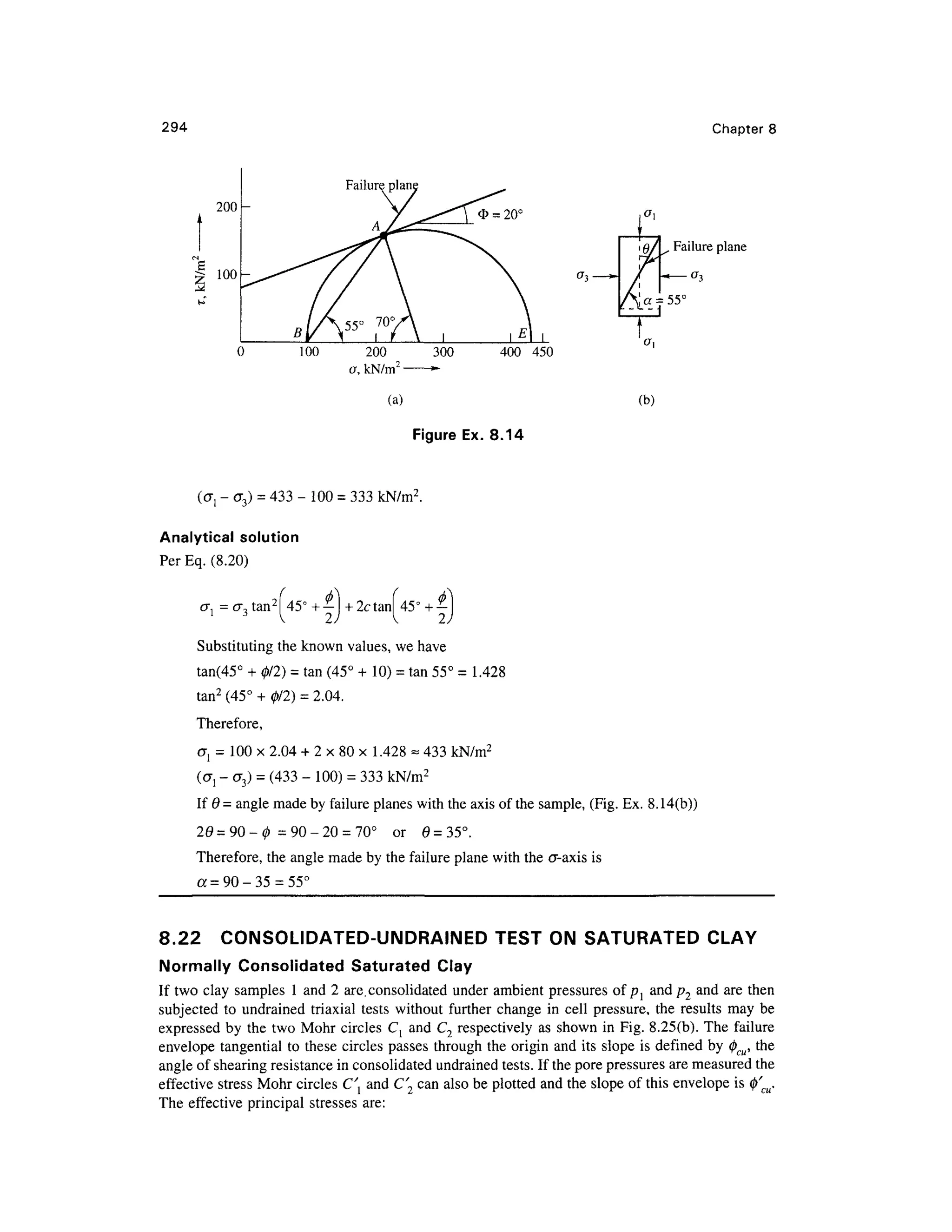 294 Chapter 8
200
100
100 20 0 30 0
a, kN/m 2
» •
(a)
400 45 0
(b)
Figure Ex. 8.1 4
(<7, - cr 3) = 433 -10 0 = 333 kN/m2
.
Analytical solution
Per Eq. (8.20)
or, = a, tan2
45 ° +— +2cta n 45 ° + —
1 3
I 2 ) I 2 .
Substituting the known values, we have
tan(45° + 0/2) = tan (45° + 10) = tan 55° = 1.42 8
tan2
(45° + 0/2) = 2.04.
Therefore,
<7, = 100 x 2.04 + 2 x 80 x 1.42 8 « 433 kN/m2
(CTj - <J 3) = (433 - 100 ) = 333 kN/m2
If 6 = angle made by failure planes with the axis of the sample, (Fig. Ex. 8.14(b))
29 = 90 -0 = 90 -2 0 =70° o r 6 =35°.
Therefore, th e angle made by the failure plane with the cr-axis is
a- 9 0 -35 = 55°
8.22 CONSOLIDATED-UNDRAINE D TEST O N SATURATED CLAY
Normally Consolidate d Saturated Cla y
If tw o cla y samples 1 and 2 are.consolidated under ambient pressures o f pl an d p2 an d are then
subjected t o undraine d triaxial tests withou t further chang e i n cel l pressure , th e result s ma y b e
expressed b y th e tw o Moh r circles C L an d C 2 respectively a s shown in Fig. 8.25(b). The failur e
envelope tangentia l to these circles passe s throug h the origin and its slope i s defined by 0 CM, the
angle of shearing resistance in consolidated undrained tests. If the pore pressures are measured the
effective stres s Mohr circles C and C'2 can also be plotted and the slope of this envelope i s 0'cu<
The effectiv e principa l stresses are :
 