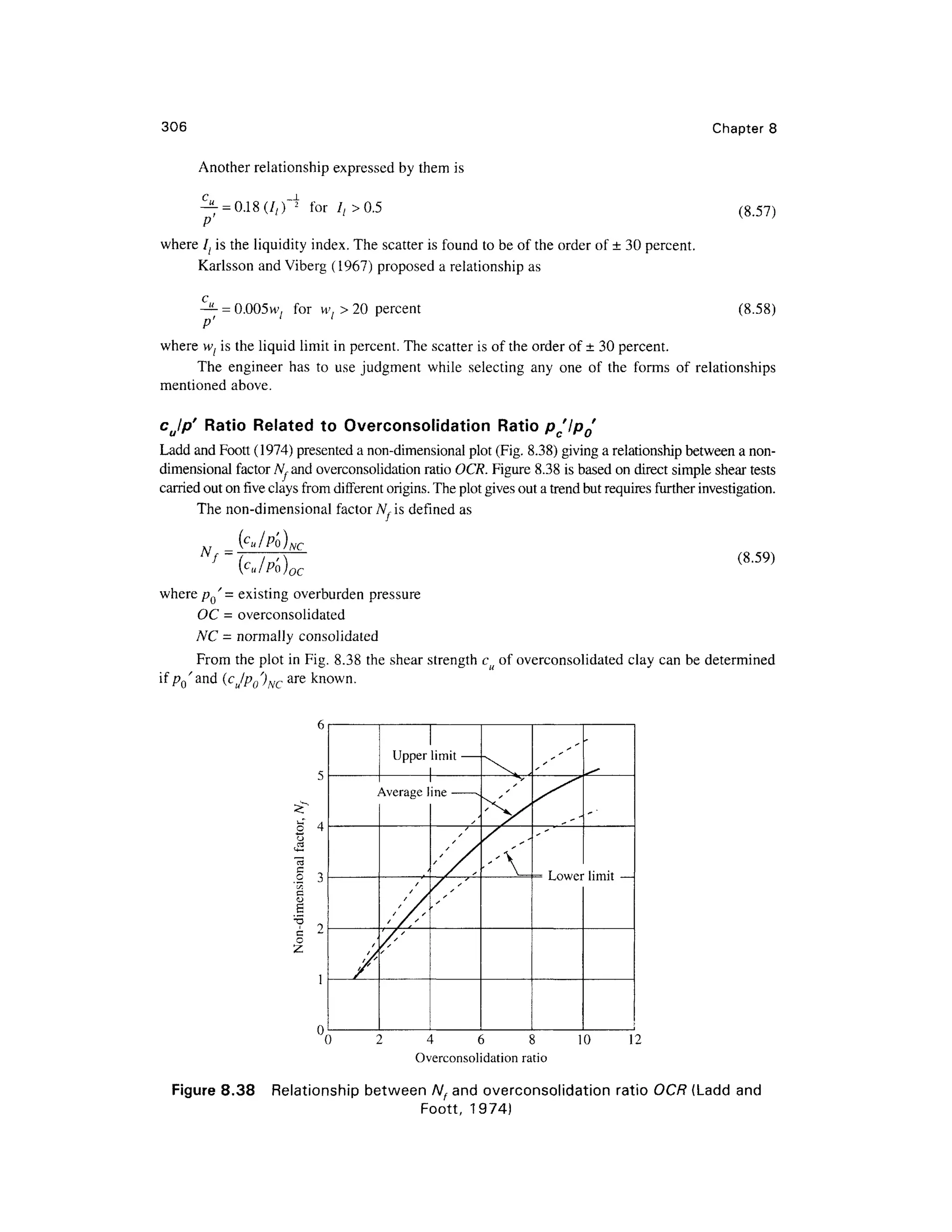 306 Chapter 8
Another relationshi p expresse d by them is
- = 0.1 8 for / > 0 . 5 (8.57)
where I { i s the liquidity index. The scatter is found to be of the order of ± 30 percent.
Karlsson and Viberg (1967) proposed a relationship as
— = 0.005w, fo r w, > 20 percen t
P'
(8.58)
where vl is the liquid limit in percent. The scatter is of the order of ± 30 percent .
The enginee r ha s t o us e judgment while selecting an y on e o f th e form s o f relationship s
mentioned above .
cjp' Rati o Relate d to Overconsolidatio n Rati o Pc'lp0'
Ladd and Foott (1974) presented a non-dimensional plot (Fig. 8.38) giving arelationship between a non-
dimensional factor jV,and Overconsolidation ratio OCR. Figure 8.38 is based on direct simple shear tests
carried out on five clays from different origins. The plot gives out a trend but requires further investigation.
The non-dimensiona l factor Nf i s defined as
(8.59)
oc
where pQ' = existing overburden pressure
OC = overconsolidate d
NC = normally consolidate d
From th e plot in Fig. 8.38 the shear strengt h c o f overconsolidated cla y can be determine d
if pQ'and (cJp 0')NC ar e known.
.2 3 -
Upper limit
Average line
Lower limi t
4 6 8
Overconsolidation ratio
10 12
Figure 8.38 Relationshi p betwee n N f and Overconsolidation rati o OCR (Ladd and
Foott, 1974 )
 
