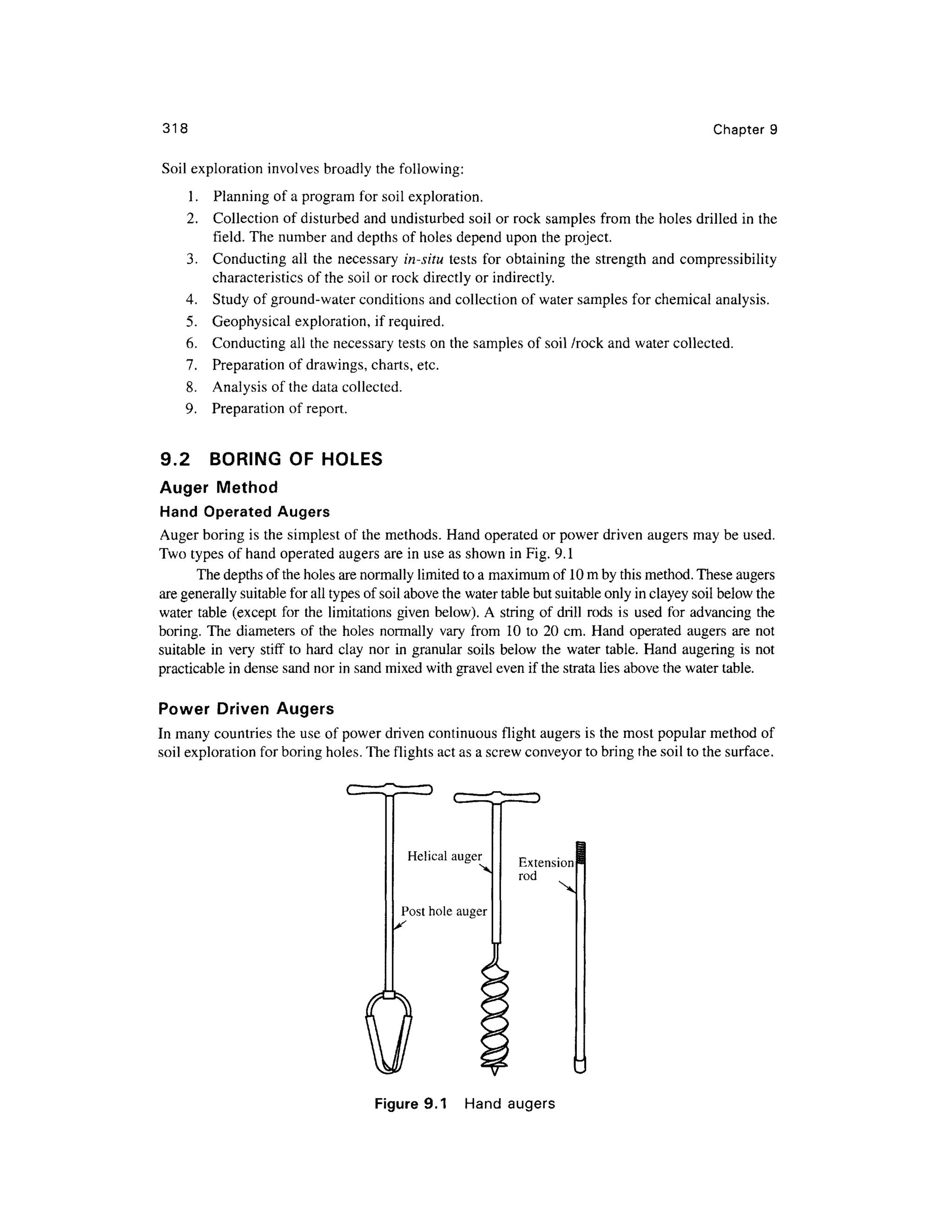 318 Chapter 9
Soil exploration involves broadly the following:
1. Plannin g of a program for soil exploration.
2. Collectio n o f disturbed and undisturbed soil or rock sample s fro m th e holes drilled i n the
field. The number and depths of holes depend upo n the project.
3. Conductin g al l the necessar y in-situ test s fo r obtaining the strengt h an d compressibilit y
characteristics of the soil or rock directly or indirectly.
4. Stud y of ground-water conditions and collection o f water samples fo r chemical analysis .
5. Geophysica l exploration , if required.
6. Conductin g all the necessary tests on the samples of soil /rock and water collected.
7. Preparatio n o f drawings, charts, etc.
8. Analysi s of the data collected .
9. Preparatio n o f report.
9.2 BORIN G O F HOLE S
Auger Metho d
Hand Operate d Augers
Auger boring i s the simplest of the methods. Han d operated or power drive n augers may be used .
Two types of hand operated auger s are in use as shown in Fig. 9.1
The depths of the holes are normally limited to a maximum of 10 mby this method. These augers
are generally suitable for all types of soil above the water table but suitable only in clayey soil below the
water table (excep t fo r the limitation s given below). A strin g of drill rods i s use d fo r advancing the
boring. Th e diameter s o f th e holes normall y var y fro m 1 0 to 2 0 cm. Han d operated auger s ar e not
suitable i n ver y stif f t o hard cla y no r i n granular soils below th e water table. Han d augerin g is not
practicable i n dense sand nor in sand mixed with gravel even if the strata lies above the water table.
Power Drive n Augers
In many countries the use of power drive n continuous flight augers i s the most popular method of
soil exploration for boring holes. The flights act as a screw conveyor to bring the soil to the surface.
Helical auger
Post hole auger
Extension
rod
Figure 9.1 Han d auger s
 