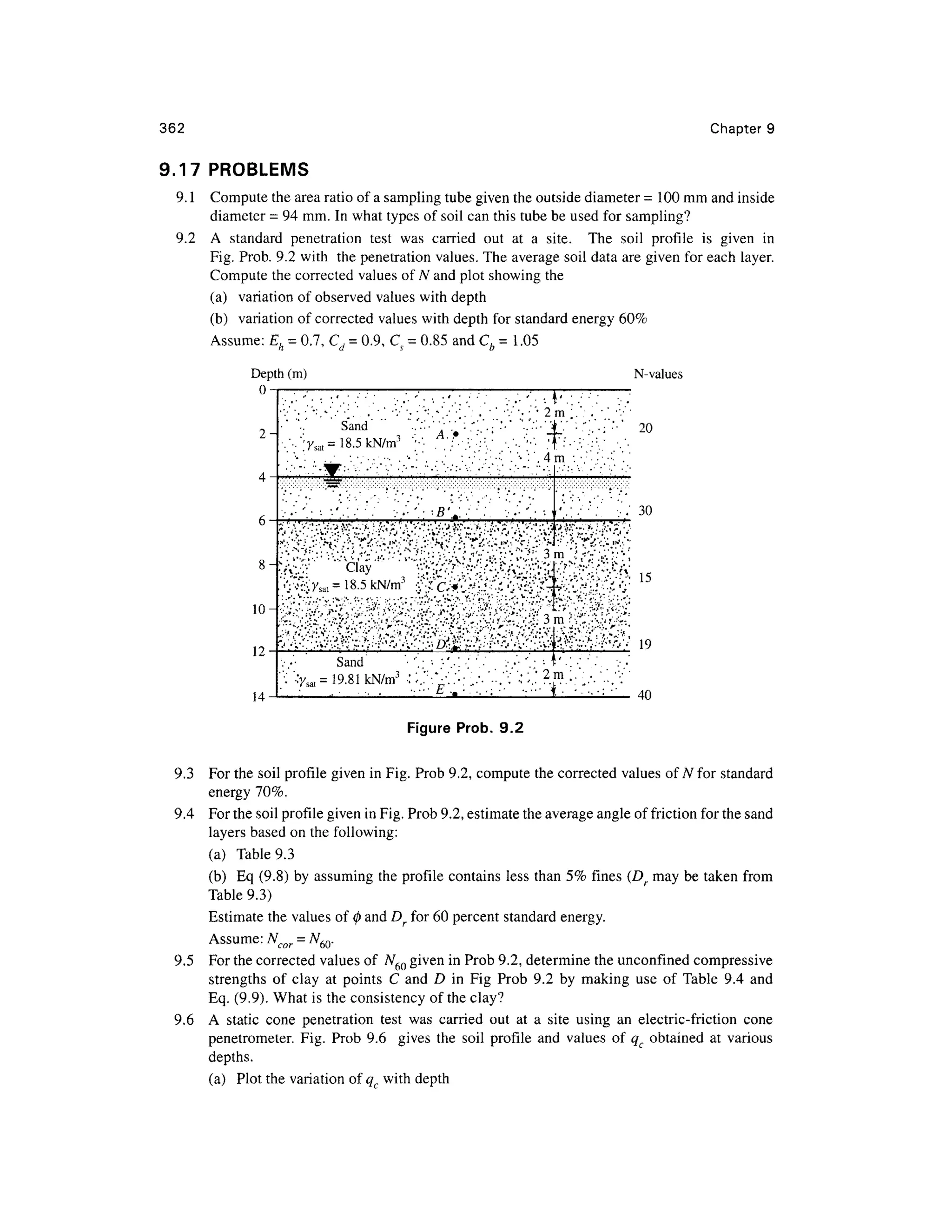 362
9.17 PROBLEM S
Chapter 9
9.1 Comput e the area ratio of a sampling tube given the outside diameter = 100 mm and inside
diameter = 94 mm. In what types of soil can this tube be used for sampling?
9.2 A standar d penetratio n tes t wa s carrie d ou t a t a site . Th e soi l profil e i s give n i n
Fig. Prob. 9.2 with th e penetration values. The average soi l data are given for each layer.
Compute the corrected value s of N and plot showing the
(a) variatio n of observed value s with depth
(b) variatio n of corrected value s with depth for standard energy 60 %
Assume: Eh = 0.7, C d = 0.9, C s = 0.85 an d Cb = 1.05
Depth (m)
0
2m
2-
Sand
•ysdt=185kN/m
3
•
4m
Figure Prob. 9. 2
N-values
20
A
8-
10-
1 9
14
'V ' . '. ' ' ' '
''-;'.- • ''• ;B ;• ''•:
'"' •"•' 'V - ?•'"••..'• ''".' i .'"•'•'-.v' : V
-'':
'..'' •'•'.' i .'"•''•'•.'J'' J
v•"• • : 'j.(- /•- .'.*•> * . ,v - V : 'i.^; .V
:
*y ... v - V ;'*; •
.7 ^y at = is 5 kN/m3
J'V'c ,•*'.;--•'•/-.- .'/"j;":^
Sand• -.;• • ••'.. :. ; ' . '.-.•' • ' . ; • . '
. :y sal= 1981kN/m3
:/ * . . •.,.'- . - :-.-'?. ,
. . C . . - . . . - ; • • - • • • '
,"
m
t-
m
m
[.'•'
. 3 0
' f " ^ *
/ /^ ]
CV
1 5
^ /''A/- ' 19
•
9.3 Fo r the soil profile given in Fig. Prob 9.2, compute the corrected values of W for standar d
energy 70% .
9.4 Fo r the soil profile given in Fig. Prob 9.2, estimate the average angle of friction for the sand
layers based o n the following:
(a) Tabl e 9.3
(b) E q (9.8 ) by assuming the profile contains less tha n 5% fines (Dr ma y b e taken fro m
Table 9.3 )
Estimate the values of 0 and Dr for 60 percent standar d energy.
Assume: Ncor = N6Q.
9.5 Fo r the corrected value s of W 60 given in Prob 9.2, determine the unconfined compressiv e
strengths o f cla y a t point s C an d D i n Fi g Pro b 9. 2 b y makin g us e o f Tabl e 9. 4 an d
Eq. (9.9). What is the consistency of the clay?
9.6 A stati c con e penetratio n tes t wa s carrie d ou t a t a sit e usin g a n electric-frictio n con e
penetrometer. Fig . Pro b 9. 6 give s th e soi l profil e an d value s o f q c obtained a t variou s
depths.
(a) Plo t the variation of q wit h depth
 