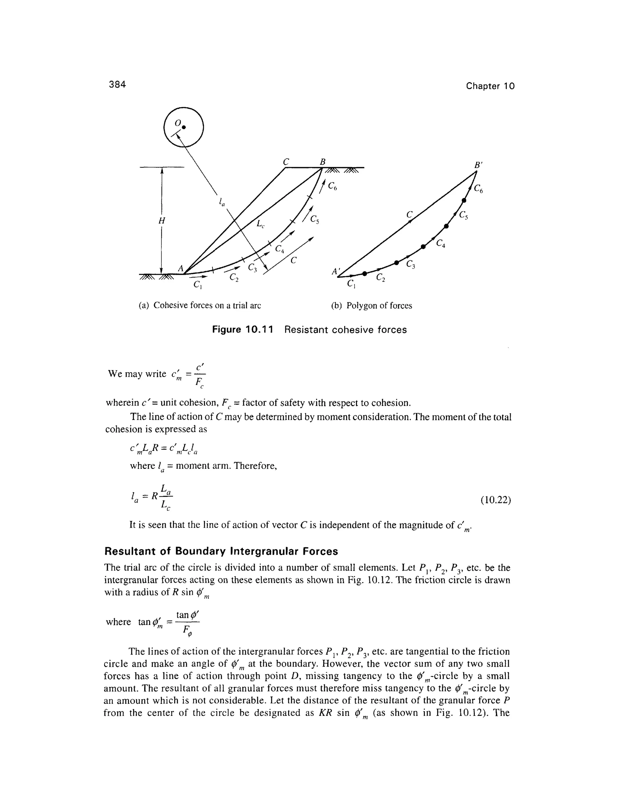384 Chapter 1 0
(a) Cohesiv e forces o n a trial arc (b ) Polygo n of forces
Figure 10.1 1 Resistan t cohesiv e force s
We may write c' m - —
c
wherein c'= unit cohesion, F C = factor of safety with respect t o cohesion.
The line of action of C may be determined by moment consideration. The moment of the total
cohesion i s expressed a s
c' L R = c' L I
m a m c a
where l = moment arm. Therefore ,
(10.22)
It is seen that the line of action of vector C is independent of the magnitude of c' m
.
Resultant o f Boundar y Intergranula r Force s
The trial arc of the circle is divided into a number of small elements. Let Pv P2, Py etc . b e the
intergranular force s actin g on these elements a s shown in Fig. 10.12 . The friction circl e i s drawn
with a radius of R sin (j/ m
where
The lines of action of the intergranular forces Pr P2, Py etc . are tangential to the friction
circle an d mak e a n angl e o f 0' m a t the boundary . However, th e vecto r su m o f an y tw o smal l
forces ha s a lin e o f actio n throug h poin t D , missin g tangenc y t o th e 0' m-circle b y a smal l
amount. The resultant of all granular forces mus t therefore mis s tangenc y to the 0'm-circle by
an amount whic h is not considerable. Le t the distance o f the resultant of the granular force P
from th e cente r o f th e circl e b e designate d a s K R si n 0 ' (a s show n i n Fig . 10.12) . Th e
 