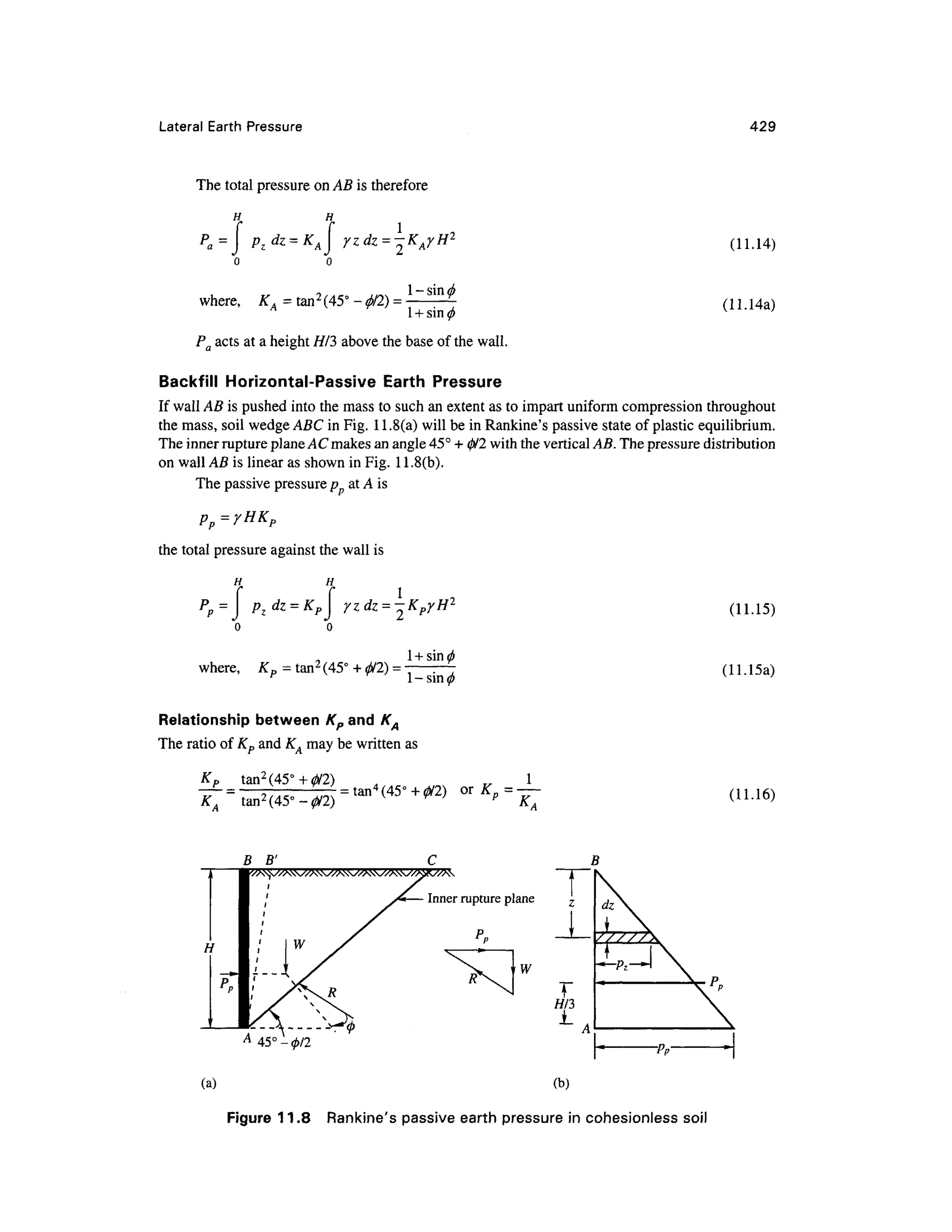 Lateral Earth Pressur e 429
The total pressure o n AB is therefore
HH
z d Z = K
(11.14)
o o
where, K A = tan2
(45° -
1 +sin^ V i
Pa acts at a height H/3 above the base of the wall.
Backfill Horizontal-Passiv e Eart h Pressur e
If wall AB is pushed into the mass to such an extent as to impart uniform compression throughout
the mass, soil wedge ABC in Fig. 11.8(a ) will be in Rankine's passive state of plastic equilibrium.
The inner rupture plane AC makes an angle 45° + 0/2 with the vertical AB. The pressure distribution
on wall AB is linear as shown in Fig. 11.8(b) .
The passive pressure p a t A is
PP=YHKp
the total pressure against the wall is
P
P= (11.15)
where, K p = tan2
(45° +
1 +sin ^
1 -sin 6
Relationship between Kp and KA
The ratio of Kp an d KA may be written as
Kp tan 2
(45c
KA tan 2
(45c (11.16)
B B'
Inner rupture plane
' W
(a) (b)
Figure 11.8 Rankine' s passive earth pressure in cohesionless soil
 