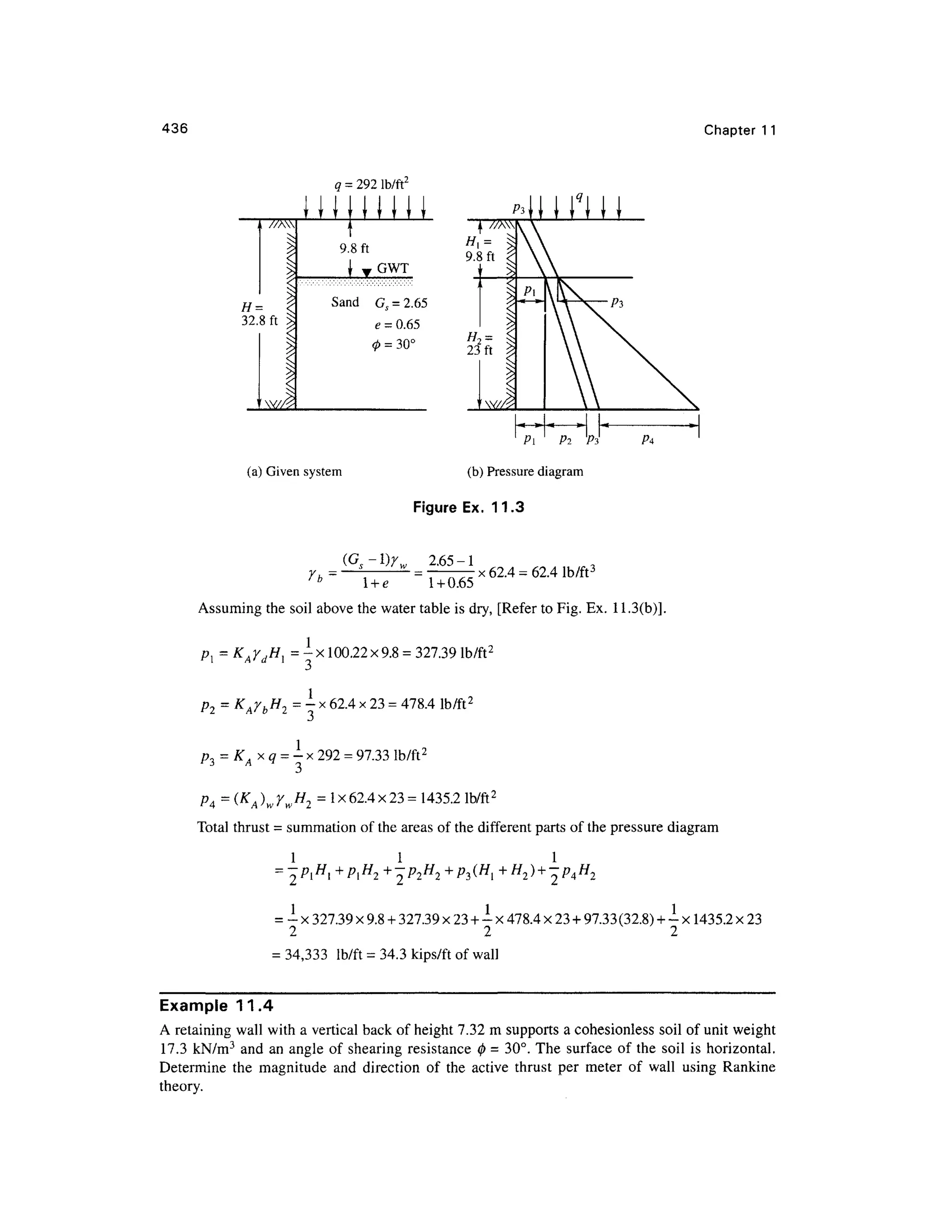 436 Chapter 1 1
q = 292 lb/ft 2
J I U J J H J
E--
//A
|
=i
32.8ft> >
1
1
J
1
9.8ft
Sand G s =2.65
e = 0.65
0 = 30°
(a) Given syste m
Pl Pi P3
(b) Pressure diagram
Figure Ex . 11.3
(Gs-l)yw 2.65- 1
7b =-^—- =T
-^X 62.4 =62.4 ,b/f,3
Assuming the soil above the water table is dry, [Refer to Fig. Ex. 11.3(b)] .
P! = KAydHl = - x 100.22x9.8 = 327.39 lb/ft 2
p2 = KAybH2 = -x 62.4 x 23 =478.4 lb/ft 2
p3 = KAxq = -x292= 97.33 lb/ft 2
P4 = (K
A^wrw
H
2 = 1x62.4x23 =1435.2 lb/ft 2
Total thrust = summation of the areas of the different part s of the pressure diagra m
1 1 1
= ^PiHl+plH2+-p2H2+p3(Hl+H2) + -p4H2
= -x 327.39 x9.8 + 327.39 x 23 + -
x 478.4 x 23 + 97.33(32.8) + -
x 1435.2x23
2 2 2
= 34,333 lb/f t = 34.3 kips/ft o f wall
Example 11. 4
A retaining wall with a vertical back of height 7.32 msupports a cohesionless soil of unit weight
17.3 kN/m 3
an d a n angle o f shearing resistance 0 = 30°. The surfac e o f th e soi l i s horizontal .
Determine th e magnitud e an d directio n o f th e activ e thrus t pe r mete r o f wal l usin g Rankin e
theory.
 