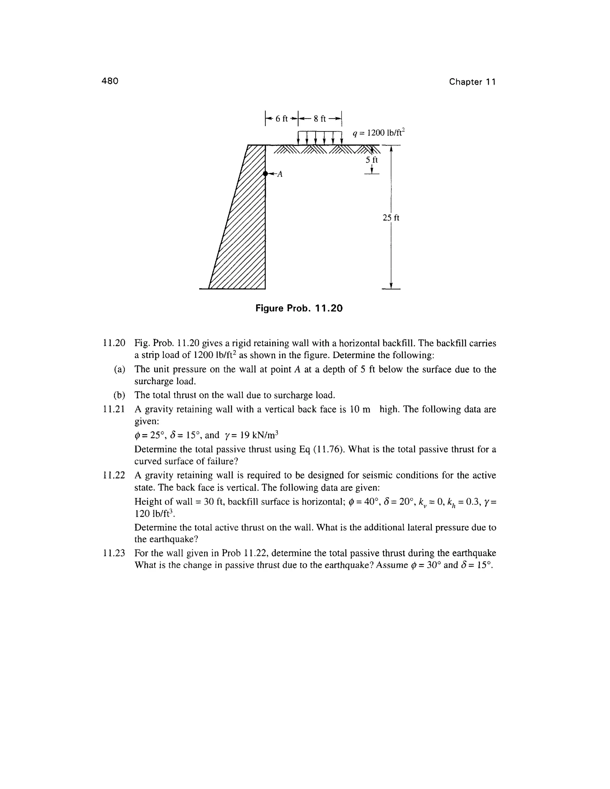 480 Chapter 1 1
6 ft **
- 8f t — |
q= 12001b/ft 2
5ft
25ft
Figure Prob. 11.20
11.20 Fig . Prob. 11.20 gives a rigid retaining wall with a horizontal backfill. The backfill carries
a strip load of 120 0 lb/ft 2
a s shown in the figure. Determine the following:
(a) Th e uni t pressure o n the wal l at poin t A at a depth o f 5 ft below th e surfac e du e t o th e
surcharge load .
(b) Th e total thrust on the wall due to surcharge load.
11.21 A gravity retaining wall with a vertical back face is 1 0 m high . The followin g dat a ar e
given:
0=25°, S= 15°, and y= 19kN/m 3
Determine th e total passive thrus t using Eq (11.76). What is the total passive thrus t for a
curved surface of failure?
11.22 A gravit y retaining wall is required t o b e designed fo r seismi c condition s fo r th e activ e
state. The back face is vertical. The following data are given:
Height of wall = 30 ft, backfill surface is horizontal; 0 = 40°, 8 = 20°, kv = 0, kh = 0.3, y =
120 lb/ft 3
.
Determine th e total active thrust on the wall. What is the additional lateral pressure due to
the earthquake?
11.23 Fo r the wall given in Prob 11.22 , determine the total passive thrust during the earthquake
What is the change in passive thrust due to the earthquake? Assume $ = 30° and 8 = 15°.
 