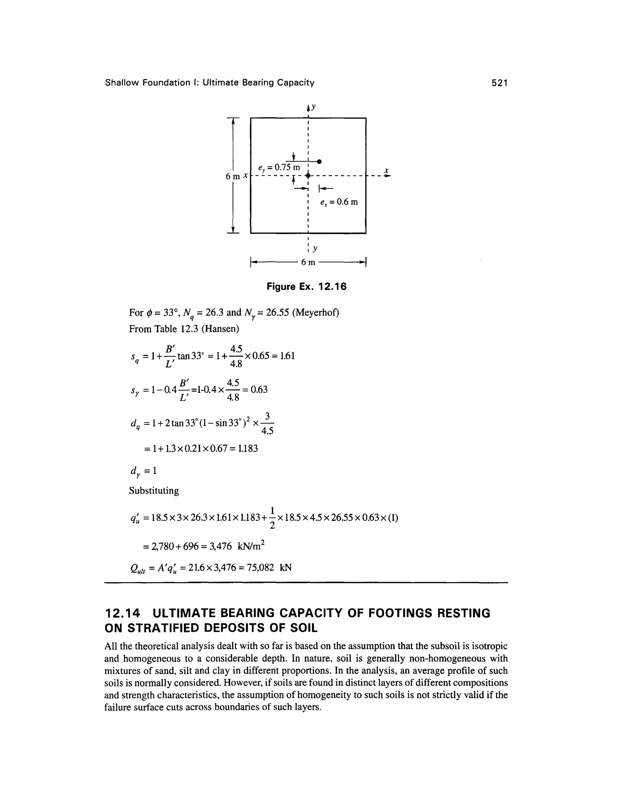 Shallow Foundatio n I: Ultimate Bearing Capacit y 521
6 m
ey = 0.75 m
e = 0.6 m
y
6 m -
Figure Ex . 12.16
For 0 = 33°, Nq = 26.3 and Ny = 26.55 (Meyerhof)
From Table 12. 3 (Hansen)
B' 4 5
5 = 1 + —tan33° = l +—x 0.65 = 1.61
q
L ' 4. 8
R' 4 5
sv =1-0.4—=1-0.4 x— = 0.63
Y
L' 4. 8
da = l + 2tan33°(l-sin33°)2
x —
* 4. 5
= 1 + 1.3x0.21x0.67 =1.183
Substituting
1
q'u = 18.5x3x26.3xl.61xl.l83+-xl8.5x4.5x26.55x0.63x(l )
= 2,780 + 696 = 3,476 kN/m 2
Quh = A'q'u = 21.6 x3,476 = 75,082 k N
12.14 ULTIMAT E BEARIN G CAPACITY O F FOOTINGS RESTIN G
ON STRATIFIE D DEPOSIT S O F SOIL
All the theoretical analysis dealt with so far is based on the assumption that the subsoil is isotropic
and homogeneou s t o a considerable depth . In nature , soil i s generall y non-homogeneou s with
mixtures of sand, silt and clay in different proportions . In the analysis, an average profile of such
soils is normally considered. However, if soils are found in distinct layers of different composition s
and strength characteristics, the assumption of homogeneity to such soils is not strictly valid if the
failure surface cuts across boundaries of such layers.
 