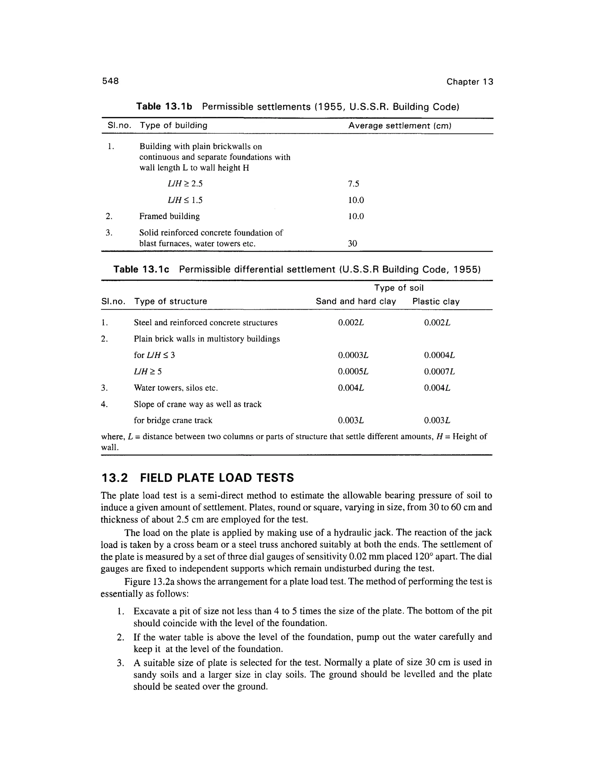548 Chapte r 1 3
Table 13.1 b Permissibl e settlement s (1955 , U.S.S.R . Buildin g Code)
Sl.no. Typ e of building Averag e settlement (cm)
1. Buildin g with plain brickwalls on
continuous and separate foundations with
wall length L to wall height H
2.
3.
LJH>2.5
LIH<.5
Framed building
Solid reinforced concrete foundation of
blast furnaces, water towers etc.
7.5
10.0
10.0
30
Table 13.1 c Permissibl e differentia l settlemen t (U.S.S. R Building Code, 1955 )
Type of soi l
Sl.no. Typ e of structur e San d and hard clay Plasti c clay
1. Stee l an d reinforced concrete structures 0.002 L 0.002 L
2. Plai n brick walls in multistory buildings
for LIH < 3 0.0003 L 0.0004 L
L/H > 5 0.0005 L 0.0007 L
3. Wate r towers, silos etc. 0.004 L 0.004 L
4. Slop e of crane way as well as track
for bridge crane track 0.003 L 0.003 L
where, L = distance between two columns or parts of structure that settle different amounts , H = Height of
wall.
13.2 FIEL D PLAT E LOAD TEST S
The plat e loa d tes t is a semi-direct method to estimate th e allowable bearin g pressur e o f soil to
induce a given amount of settlement. Plates, round or square, varying in size, from 30 to 60 cm and
thickness of about 2.5 cm are employed for the test.
The load o n the plate is applied by making use of a hydraulic jack. The reaction of the jack
load is taken by a cross beam or a steel truss anchored suitably at both the ends. The settlement of
the plate is measured by a set of three dial gauges of sensitivity 0.02 mm placed 120 ° apart. The dial
gauges are fixed to independent supports which remain undisturbed during the test.
Figure 13.2a shows the arrangement for a plate load test. The method of performing the test is
essentially as follows:
1. Excavat e a pit of size not less than 4 to 5 times the size of the plate. The bottom of the pit
should coincide with the level of the foundation.
2. I f the water table i s above the level of the foundation, pump out the wate r carefully and
keep it a t the level of the foundation.
3. A suitable siz e of plate i s selected for the test. Normally a plate of size 30 cm is used in
sandy soil s an d a larger siz e in clay soils . Th e groun d shoul d be levelle d an d the plat e
should be seated ove r the ground.
 