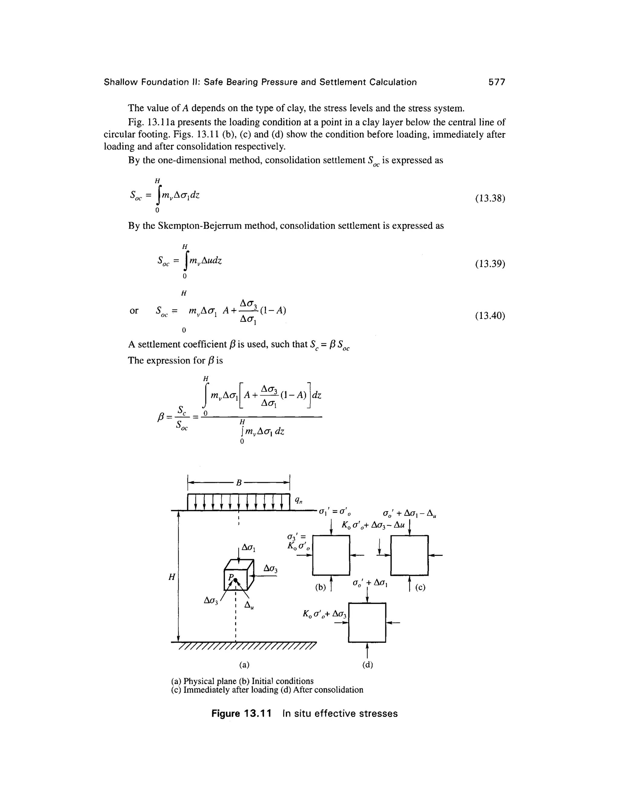 Shallow Foundatio n II: Safe Bearing Pressure and Settlement Calculation 577
The value of A depends on the type of clay, the stress levels and the stress system.
Fig. 13. 1 la present s the loading condition at a point in a clay layer below the central line of
circular footing. Figs. 13.1 1 (b), (c) and (d) show the condition before loading , immediately after
loading and after consolidation respectively.
By the one-dimensional method, consolidation settlement S i s expressed as
(13.38)
By the Skempton-Bejerrum method, consolidation settlement is expressed as
or S=
ACT,
A settlement coefficient (3 is used, such that Sc = (3So
The expressio n for ( 3 is
H
T Acr 3 "
+ —-(1-A) <f e
(13.39)
(13.40)
H
^f h*
/
i
/
/
ii
^

*s
L
o
71i
)

^u
Arr.
*
t
1
qn
73 -
Wo
K0
, ,
-a, - aL
K
>
(b)1
a'0+ Aa3
a0' + Aa, -L
o'0+ Aa3- AM1
_ L
a;
rAa
l( o
1
—
(a)
(a) Physical plane (b) Initial conditions
(c) Immediately after loading (d) After consolidatio n
Figure 13.1 1 I n situ effective stresse s
 
