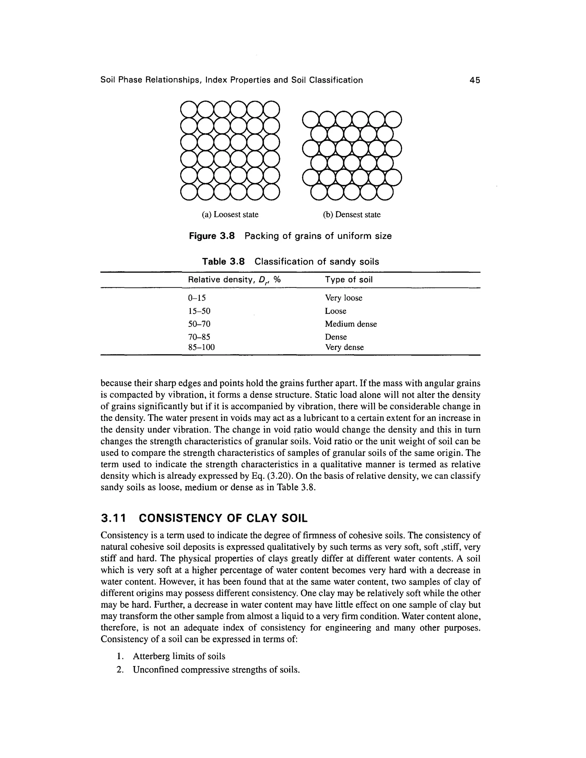 Soil Phas e Relationships , Inde x Propertie s an d Soil Classification 4 5
(a) Loosest state (b ) Densest state
Figure 3.8 Packin g of grain s of unifor m size
Table 3.8 Classificatio n o f sand y soil s
Relative density , D f, %
0-15
15-50
50-70
70-85
85-100
Type o f soi l
Very loose
Loose
Medium dens e
Dense
Very dense
because their sharp edges and points hold the grains further apart. If the mass with angular grains
is compacted by vibration, it forms a dense structure. Static load alone will not alter the density
of grains significantly but if it is accompanied by vibration, there will be considerable change in
the density. The water present in voids may act as a lubricant to a certain extent for an increase in
the density under vibration. The change in void ratio would change the density and this in turn
changes the strength characteristics of granular soils. Void ratio or the unit weight of soil can be
used to compare th e strength characteristics of samples of granular soils of the same origin. The
term use d t o indicate the strengt h characteristics i n a qualitative manner is termed a s relative
density which is already expressed by Eq. (3.20). On the basis of relative density, we can classify
sandy soils as loose, medium or dense as in Table 3.8 .
3.11 CONSISTENC Y O F CLAY SOIL
Consistency is a term used to indicate the degree of firmness of cohesive soils. The consistency of
natural cohesive soil deposits is expressed qualitatively by such terms as very soft, soft,stiff , ver y
stiff and hard. The physica l propertie s of clays greatl y diffe r at different water contents. A soi l
which is very soft a t a higher percentage o f water content becomes ver y hard with a decrease in
water content. However, it has been found that at the same water content, two samples o f clay of
different origins may possess different consistency. One clay may be relatively soft while the other
may be hard. Further, a decrease i n water content may have little effect o n one sample of clay but
may transform the other sample from almost a liquid to a very firm condition. Water content alone,
therefore, i s no t a n adequat e inde x o f consistenc y fo r engineerin g an d man y othe r purposes .
Consistency of a soil can be expressed in terms of:
1. Atterber g limits of soils
2. Unconfme d compressive strengths of soils.
 