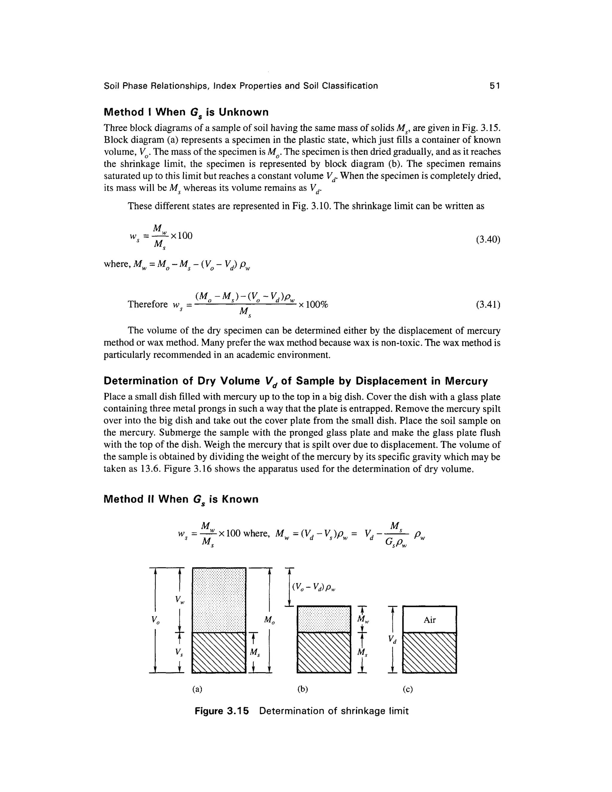 Soil Phas e Relationships , Inde x Propertie s and Soil Classification 51
Method I When G f i s Unknown
5
Three block diagrams of a sample of soil having the same mass of solids Ms, are given in Fig. 3.15.
Block diagram (a) represents a specimen in the plastic state, which just fills a container of known
volume, Vo. The mass of the specimen is Mo. The specimen is then dried gradually, and as it reaches
the shrinkag e limit , the specime n i s represente d b y bloc k diagra m (b) . The specime n remain s
saturated up to this limit but reaches a constant volume Vd. When the specimen is completely dried,
its mass will be Ms wherea s its volume remains as Vd.
These different state s are represented in Fig. 3.10. The shrinkage limit can be written as
M
w =
M,
where, M = M
(3.40)
Ms- (V o - V d) pw
Therefore w =
M
x 100% (3.41)
The volume of the dry specimen can be determined either by the displacement o f mercury
method or wax method. Many prefer the wax method because wax is non-toxic. The wax method is
particularly recommended i n an academic environment.
Determination o f Dr y Volum e V d of Sampl e b y Displacemen t i n Mercury
Place a small dish filled with mercury up to the top in a big dish. Cover the dish with a glass plate
containing three metal prongs in such a way that the plate is entrapped. Remove the mercury spilt
over into the big dish and take out the cover plate from th e small dish. Place the soil sampl e on
the mercury. Submerge th e sample with the pronged glass plate and make th e glass plate flus h
with the top of the dish. Weigh the mercury that is spilt over due to displacement. The volume of
the sample is obtained by dividing the weight of the mercury by its specific gravity which may be
taken as 13.6 . Figure 3.16 shows the apparatus used for the determination of dry volume.
Method I I When G 0 is Known
o
M
100 where, M w = (V d-Vs)pw =
M
T
M
(a) (b ) (c )
Figure 3.15 Determinatio n of shrinkag e limit
 