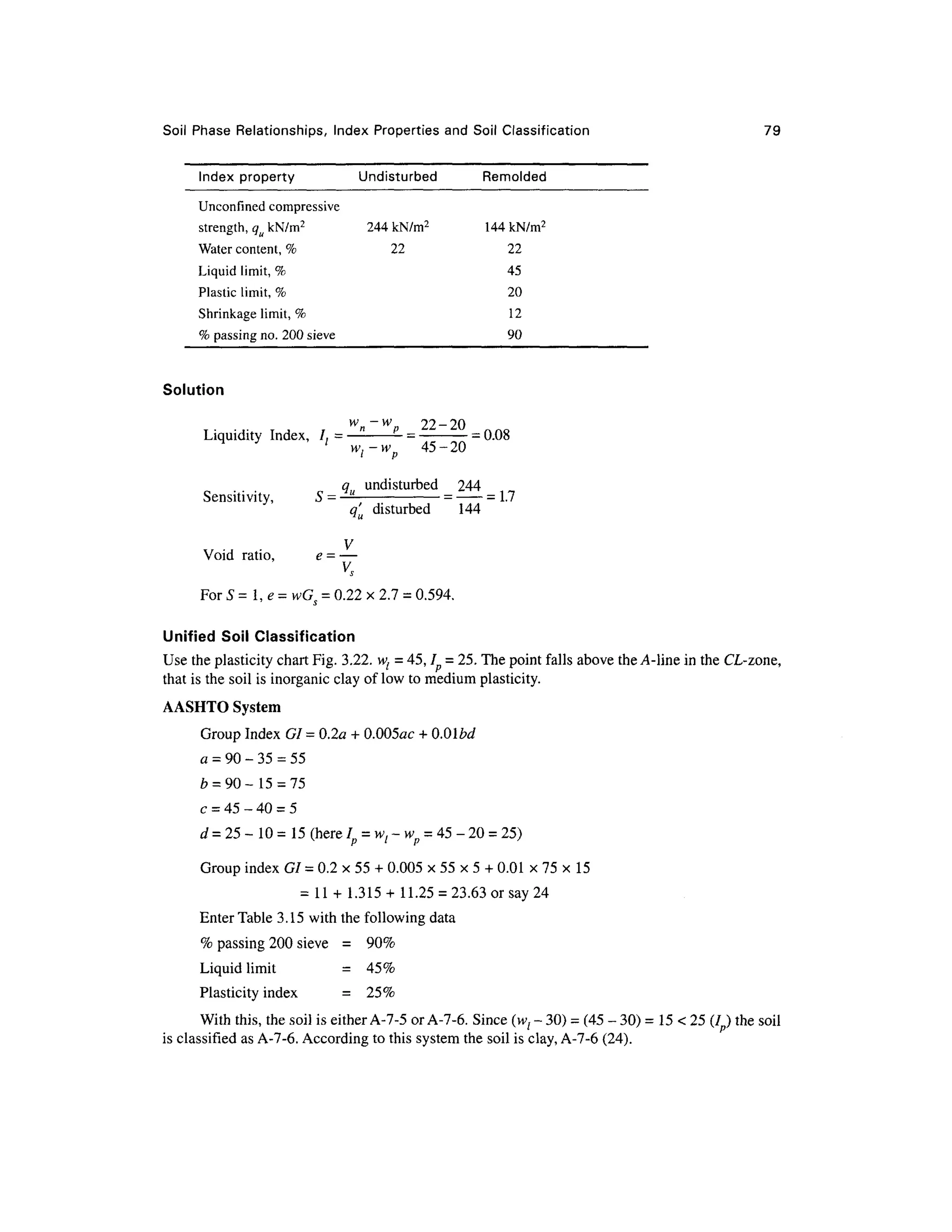 Soil Phas e Relationships , Index Propertie s and Soil Classification 7 9
Index propert y Undisturbe d
Unconfmed compressive
strength, qu kN/m2
24 4 kN/m2
Water content, % 2 2
Liquid limit, %
Plastic limit, %
Shrinkage limit, %
% passing no. 200 sieve
Remolded
144 kN/m2
22
45
20
12
90
Solution
wn-w 22-2 0
Liquidity Index , / , = — =
= 0.08
' Wf-w 45-2 0
q undisturbe d 24 4
Sensitivity, 5 = —
= = 1.7
q'u disturbe d 14 4
V
Void ratio , e = —
V,
ForS=l,e = wGs = 0.22 x2.7 = 0.594.
Unified Soi l Classificatio n
Use the plasticity chart Fig. 3.22. w, = 45, / = 25. The point falls above the A-line in the CL-zone,
that is the soil is inorganic clay of low to medium plasticity.
AASHTO Syste m
Group Index GI = 0.2a + 0.005ac + 0.01 bd
a = 9
0 -35 =5
5
£ = 90-15 = 75
c = 45 ~40 =5
d = 25 -1 0 =15 (here Ip = wt - w p = 4
5 -20 =25)
Group index GI = 0.2 x 55 + 0.005 x 55 x 5 + 0.01 x 75 x 15
= 1 1 + 1.315+ 11.25 =23.63 or say 24
Enter Table 3.1 5 with the following data
% passing 200 sieve = 90 %
Liquid limit
= 45 %
Plasticity inde x
= 25 %
With this, the soil is either A-7-5 or A-7-6. Since (w l - 30 ) =(45 -30 ) =15 <25 (/ ) the soil
is classified as A-7-6. According to this system the soil is clay, A-7-6 (24).
 