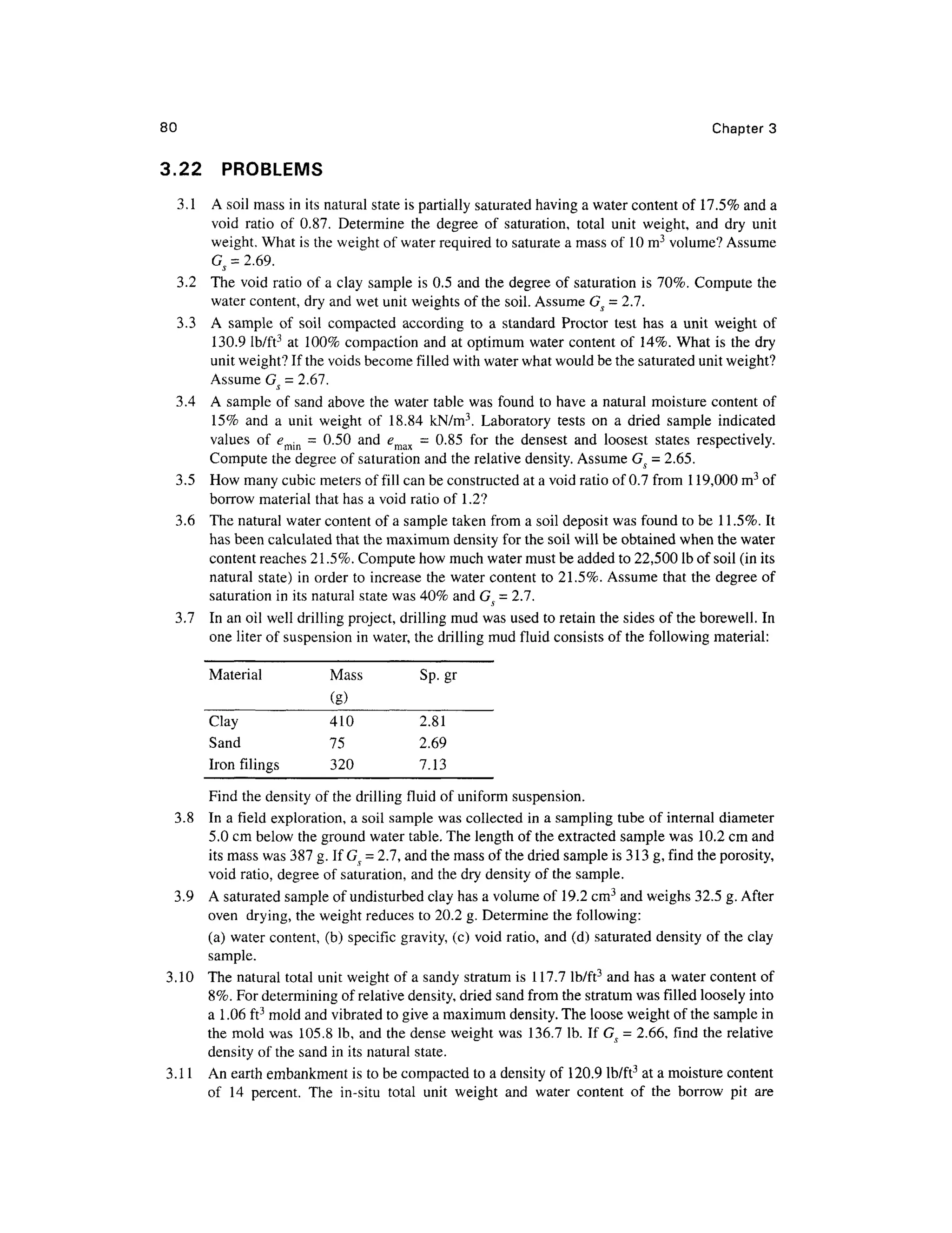 80 Chapte r 3
3.22 PROBLEM S
3.1 A soil mass in its natural state is partially saturated having a water content of 17.5% and a
void rati o o f 0.87 . Determin e th e degre e o f saturation , tota l uni t weight , an d dr y uni t
weight. What is the weight of water required to saturate a mass of 1 0 m3
volume? Assume
G^ = 2.69 .
3.2 Th e voi d rati o o f a clay sample i s 0.5 and the degree of saturation is 70%. Comput e th e
water content, dry and wet unit weights of the soil. Assume Gs = 2.7.
3.3 A sampl e o f soi l compacte d accordin g t o a standar d Procto r tes t ha s a uni t weigh t o f
130.9 lb/ft 3
a t 100 % compactio n an d at optimum wate r conten t o f 14% . Wha t i s the dry
unit weight? If the voids become filled with water what would be the saturated unit weight?
Assume Gs = 2.67.
3.4 A sample o f sand above th e water table was found to have a natural moisture conten t of
15% an d a uni t weigh t o f 18.8 4 kN/m 3
. Laborator y test s o n a drie d sampl e indicate d
values o f emin = 0.50 an d emax - 0.8 5 fo r th e denses t an d looses t state s respectively .
Compute the degree o f saturation and the relative density. Assume Gs = 2.65.
3.5 Ho w many cubic meters of fill can be constructed at a void ratio of 0.7 from 119,000 m3
of
borrow materia l that has a void ratio of 1.2 ?
3.6 Th e natural water content of a sample taken from a soil deposit wa s found to be 11.5% . It
has been calculated that the maximum density for the soil will be obtained when the water
content reaches 21.5%. Compute how much water must be added to 22,500 Ib of soil (in its
natural state ) in order t o increase th e water content to 21.5%. Assume tha t the degree of
saturation in its natural state was 40% and G = 2.7.
3.7 I n an oil well drilling project, drillin g mud was used to retain the sides of the borewell. I n
one liter of suspension in water, the drilling mud fluid consists o f the following material:
Material
Clay
Sand
Iron filing s
Mass
(g)
410
75
320
Sp.gr
2.81
2.69
7.13
Find the density of the drilling fluid o f uniform suspension.
3.8 I n a field exploration , a soil sample wa s collected i n a sampling tube of internal diamete r
5.0 cm below th e ground water table. The length of the extracted sampl e was 10. 2 cm and
its mass was 387 g. If Gy = 2.7, and the mass of the dried sample is 313 g, find the porosity,
void ratio, degree of saturation, and the dry density of the sample .
3.9 A saturated sample of undisturbed clay has a volume of 19.2 cm3
and weighs 32.5 g . After
oven drying , the weight reduces to 20.2 g. Determine th e following:
(a) water content, (b ) specific gravity, (c) void ratio, an d (d) saturated densit y of the clay
sample.
3.10 Th e natural total unit weight of a sandy stratum is 117.7 lb/ft3
an d has a water content of
8%. For determining of relative density, dried sand from the stratum was filled loosely int o
a 1.06 ft3
mold and vibrated to give a maximum density. The loose weight of the sample in
the mold wa s 105. 8 Ib , and the dense weigh t was 136. 7 Ib . If G9 = 2.66, fin d th e relativ e
density of the sand in its natural state.
3.11 A n earth embankment is to be compacted to a density of 120. 9 lb/ft 3
at a moisture conten t
of 1 4 percent . Th e in-sit u tota l uni t weigh t an d wate r conten t o f th e borro w pi t ar e
 