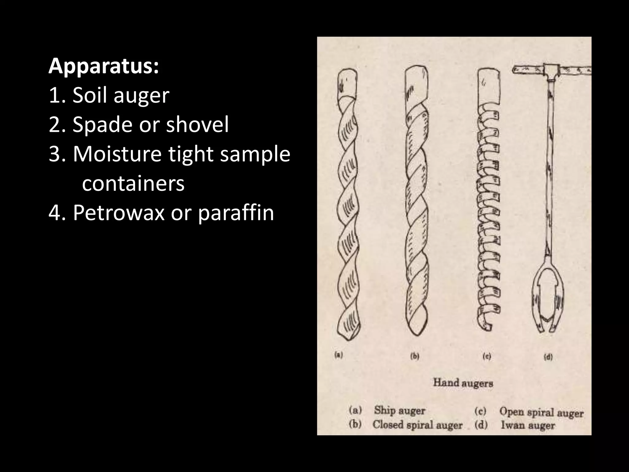 Apparatus:
1. Soil auger
2. Spade or shovel
3. Moisture tight sample
containers
4. Petrowax or paraffin
 
