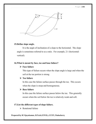 P a g e | 131
Prepared by R.Vijayakumar, B.Tech (CIVIL), CCET, Puducherry
15.Define slope angle.
It is the angle of inclination of a slope to the horizontal. The slope
angle is sometimes referred to as a ratio. For example, 2:1 (horizontal:
vertical).
16.What is meant by face, toe and base failure?
 Face failure
This type of failure occurs when the slope angle is large and when the
soil at the toe portion is strong
 Toe failure
In this case the failure surface passes through the toe. This occurs
when the slope is steep and homogeneous.
 Base failure
In this case the failure surface passes below the toe. This generally
occurs when the soil below the toe is relatively weak and soft.
17.List the different types of slope failure.
 Rotational failure
 