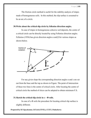 P a g e | 135
Prepared by R.Vijayakumar, B.Tech (CIVIL), CCET, Puducherry
The friction circle method is useful for the stability analysis of slopes
made of homogeneous soils. In this method, the slip surface is assumed to
be an arc of a circle.
30.Write about the critical slip circle by fellenius direction angles.
In case of slopes in homogeneous cohesive soil deposits, the centre of
a critical circle can be directly located by using Fellenius direction angles.
Fellenius (1936) has given direction angles α and β for various slopes as
shown below.
For any given slope the corresponding direction angles α and γ are set
out from the base and the top as shown in Figure. The point of intersection
of these two lines is the centre of critical circle. After locating the centre of
critical circle the method of slices can be adopted to obtain minimum F.S.
31.Sketch the critical slip circle in c – Φ soils.
In case of c-Φ soils the procedure for locating critical slip surface is
slightly different.
 
